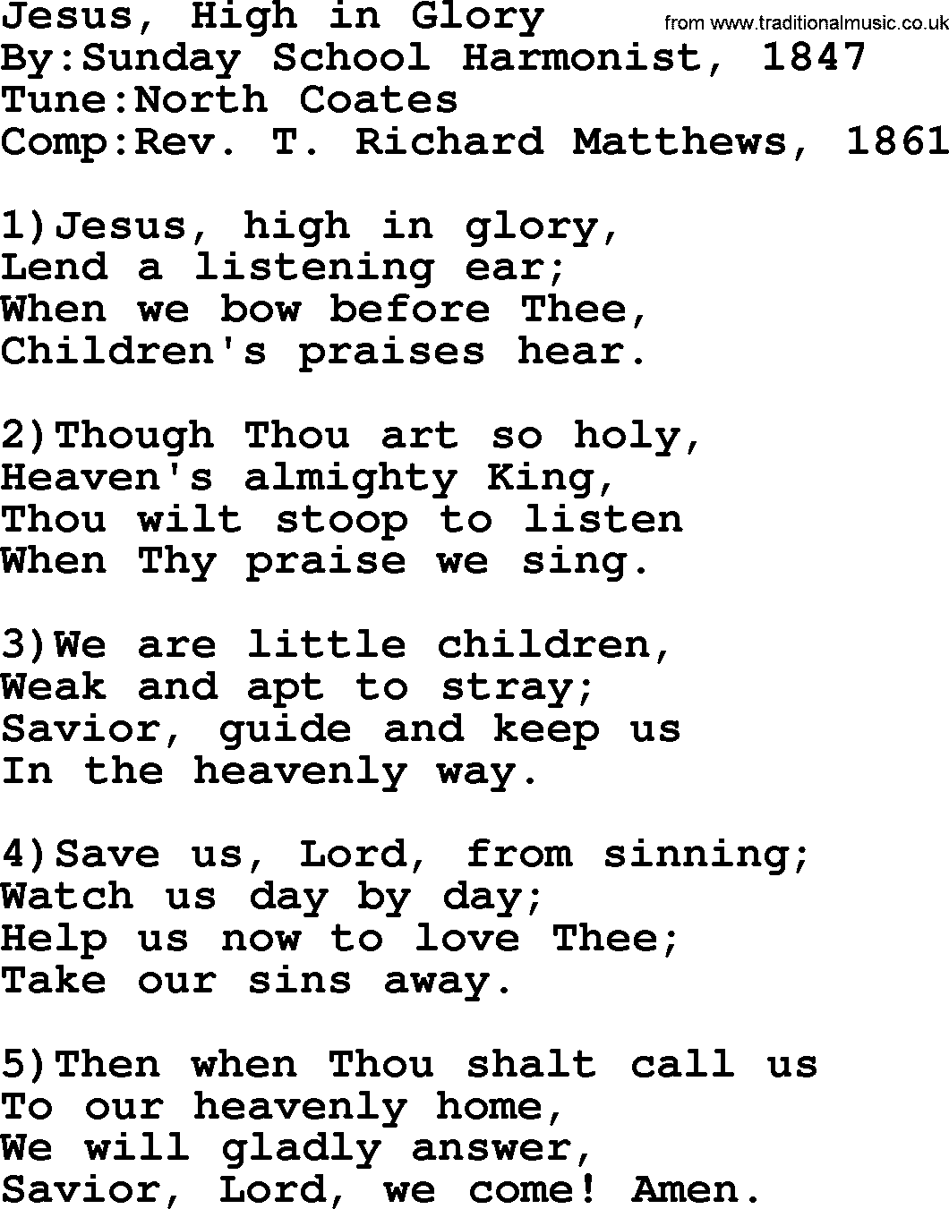 Methodist Hymn: Jesus, High In Glory, lyrics