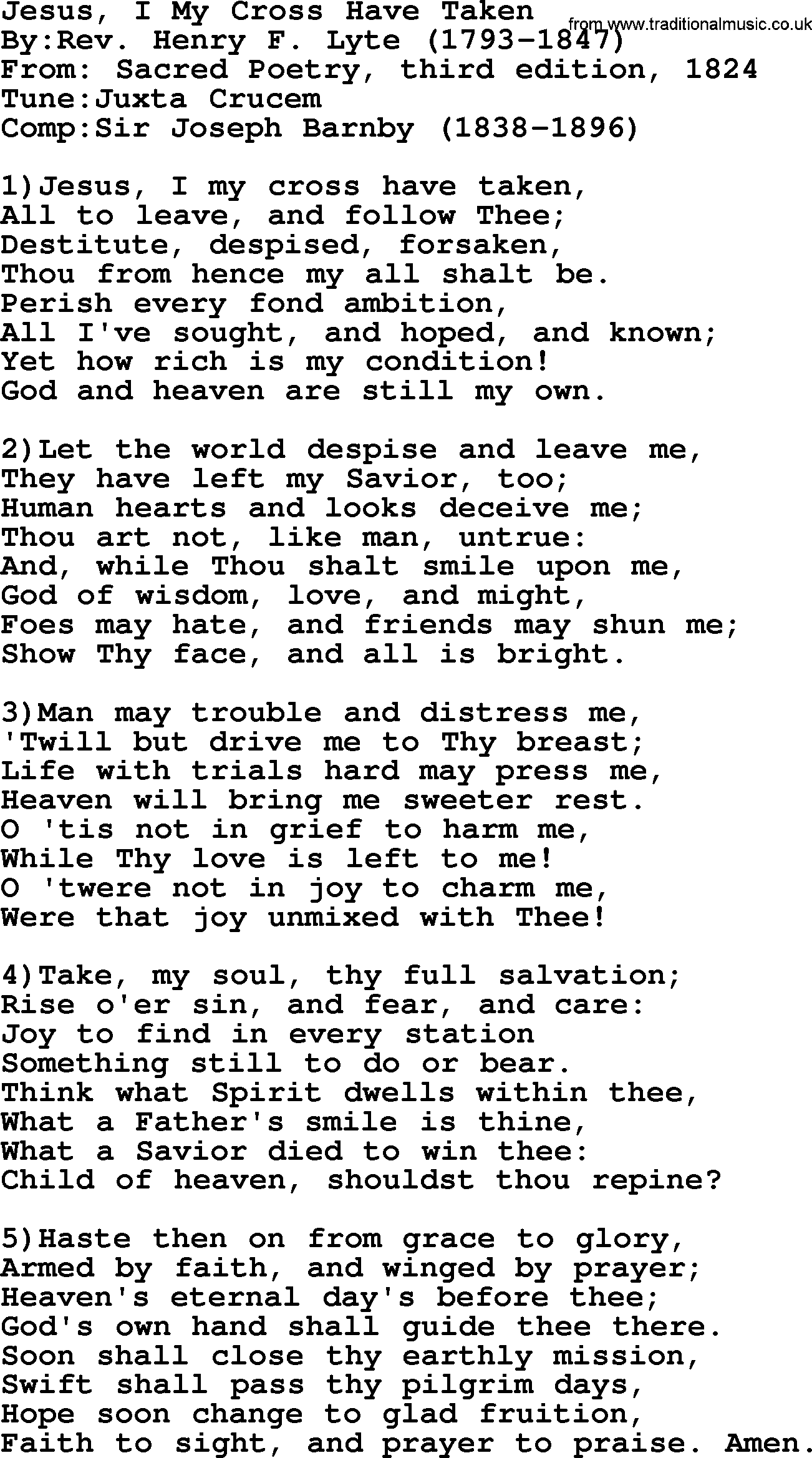 Methodist Hymn: Jesus, I My Cross Have Taken, lyrics