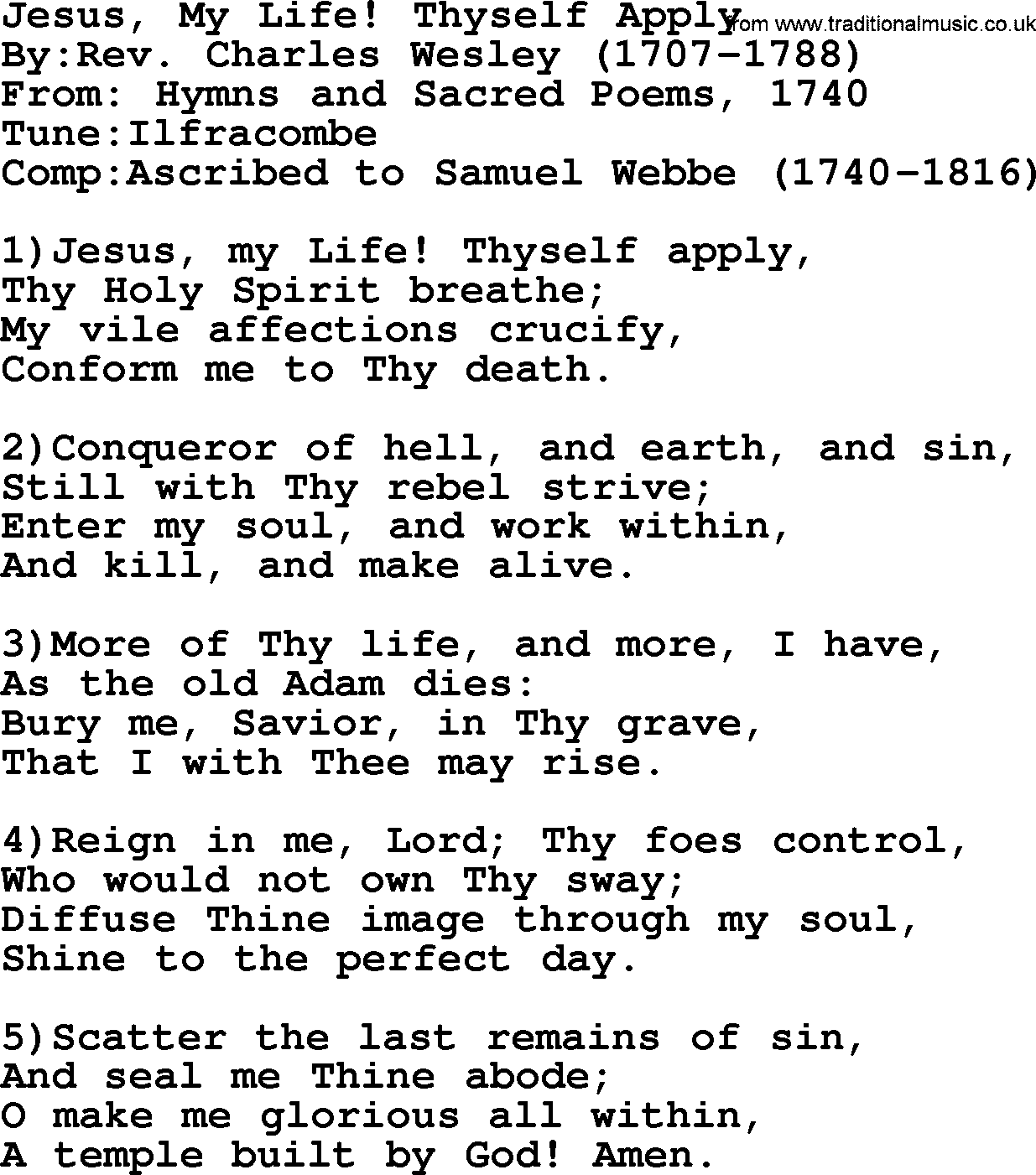 Methodist Hymn: Jesus, My Life! Thyself Apply, lyrics