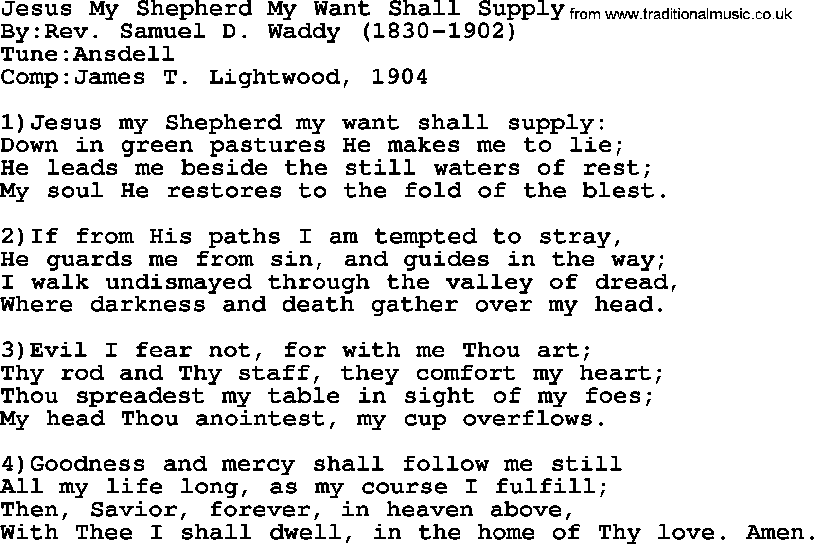 Methodist Hymn: Jesus My Shepherd My Want Shall Supply, lyrics