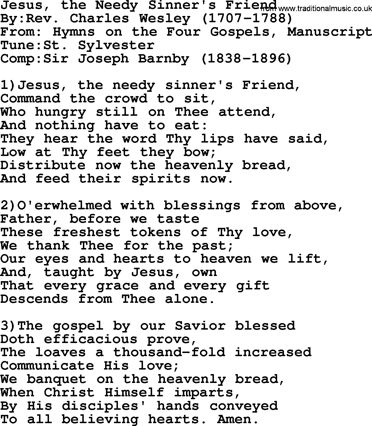 Methodist Hymn: Jesus, The Needy Sinner's Friend, lyrics