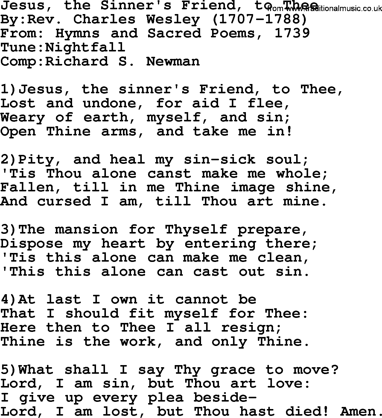 Methodist Hymn: Jesus, The Sinner's Friend, To Thee, lyrics