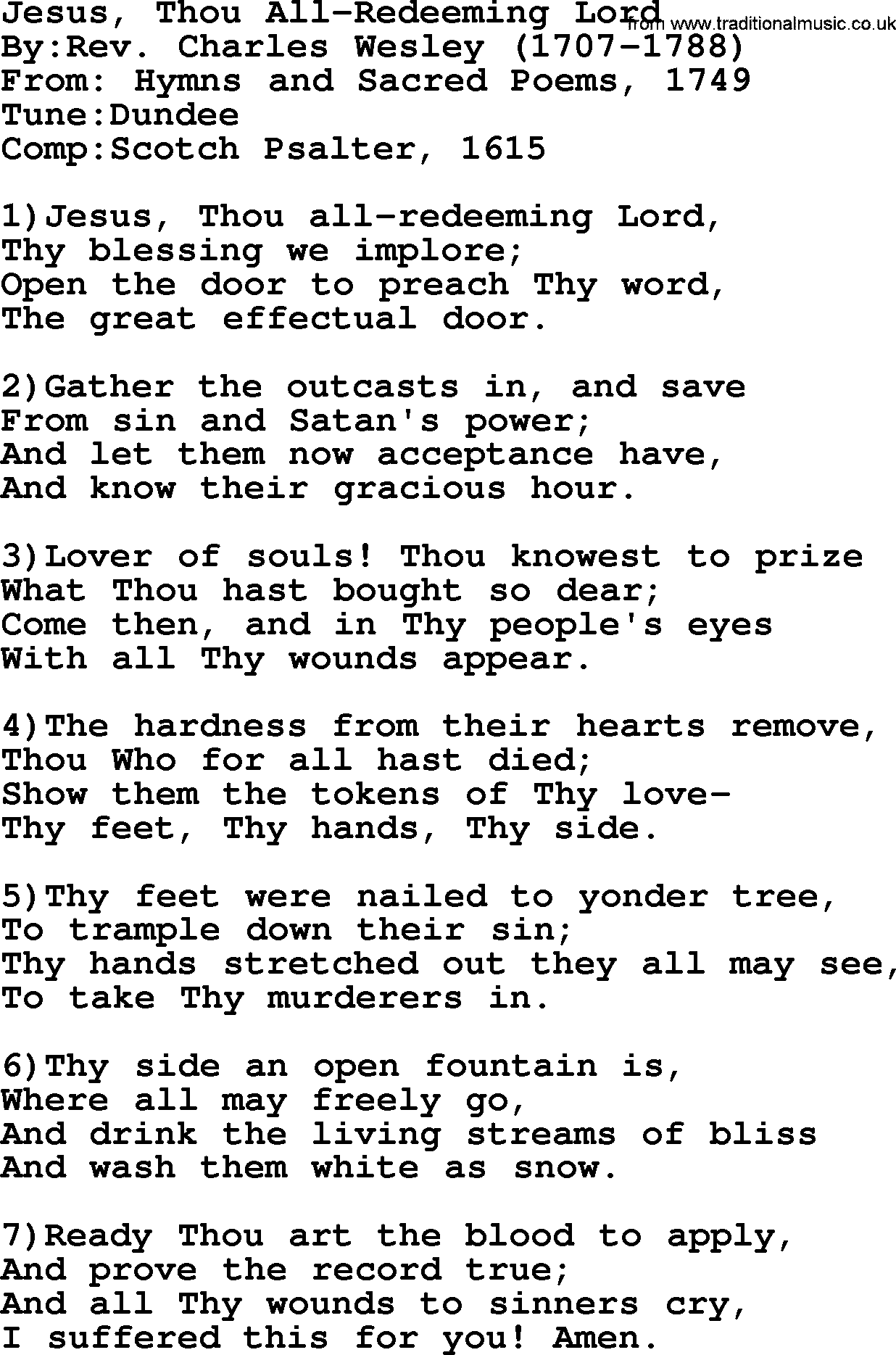 Methodist Hymn: Jesus, Thou All-redeeming Lord, lyrics