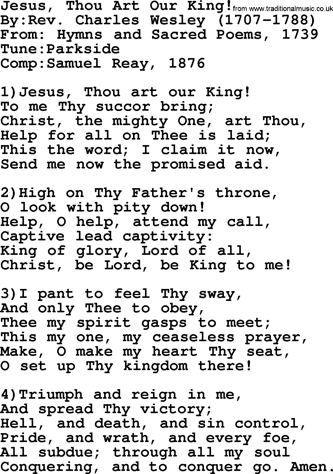 Methodist Hymn: Jesus, Thou Art Our King!, lyrics