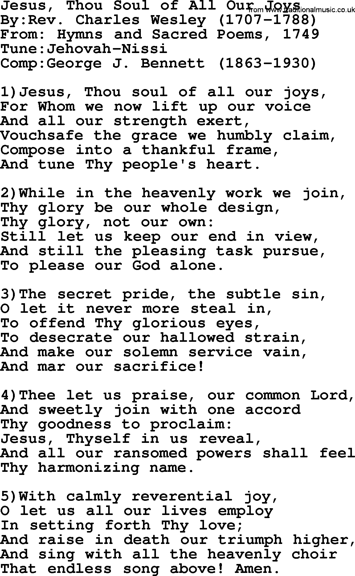 Methodist Hymn: Jesus, Thou Soul Of All Our Joys, lyrics