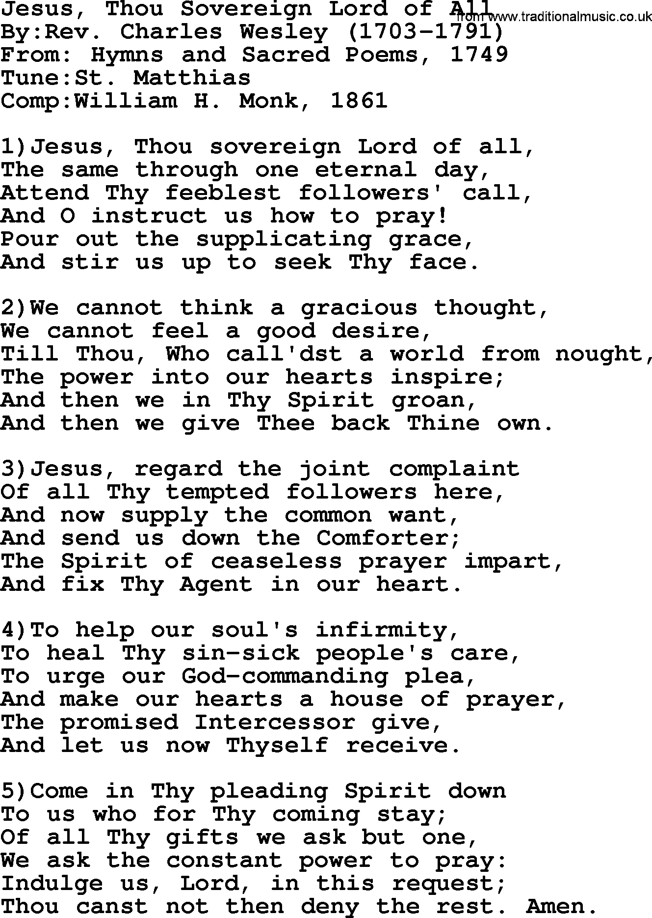 Methodist Hymn: Jesus, Thou Sovereign Lord Of All, lyrics