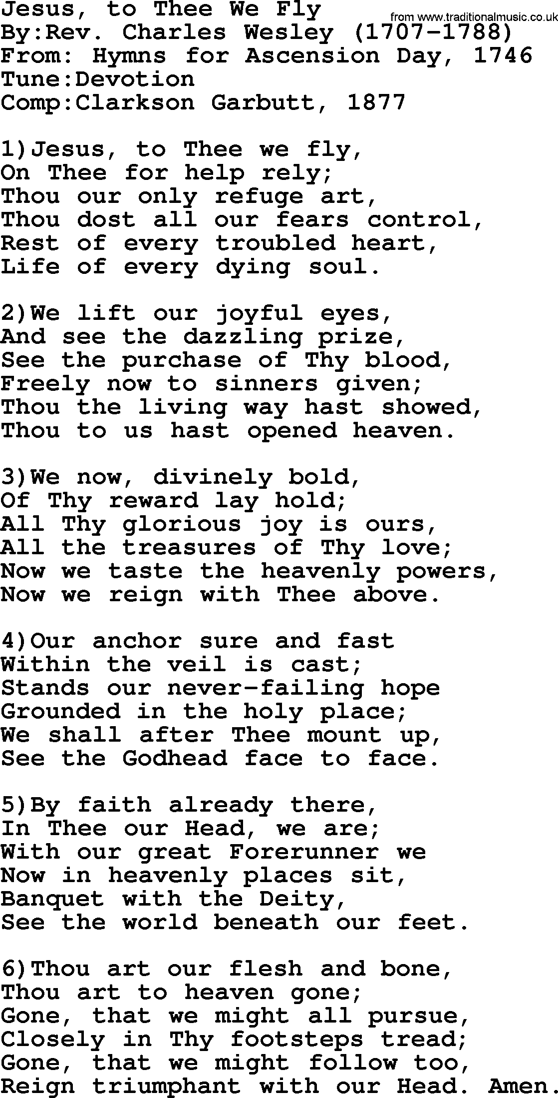 Methodist Hymn: Jesus, To Thee We Fly, lyrics
