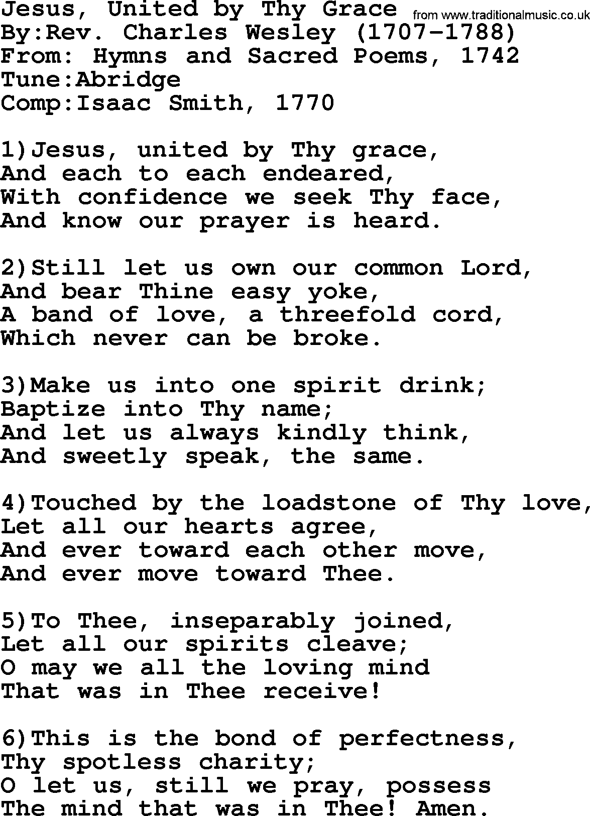 Methodist Hymn: Jesus, United By Thy Grace, lyrics