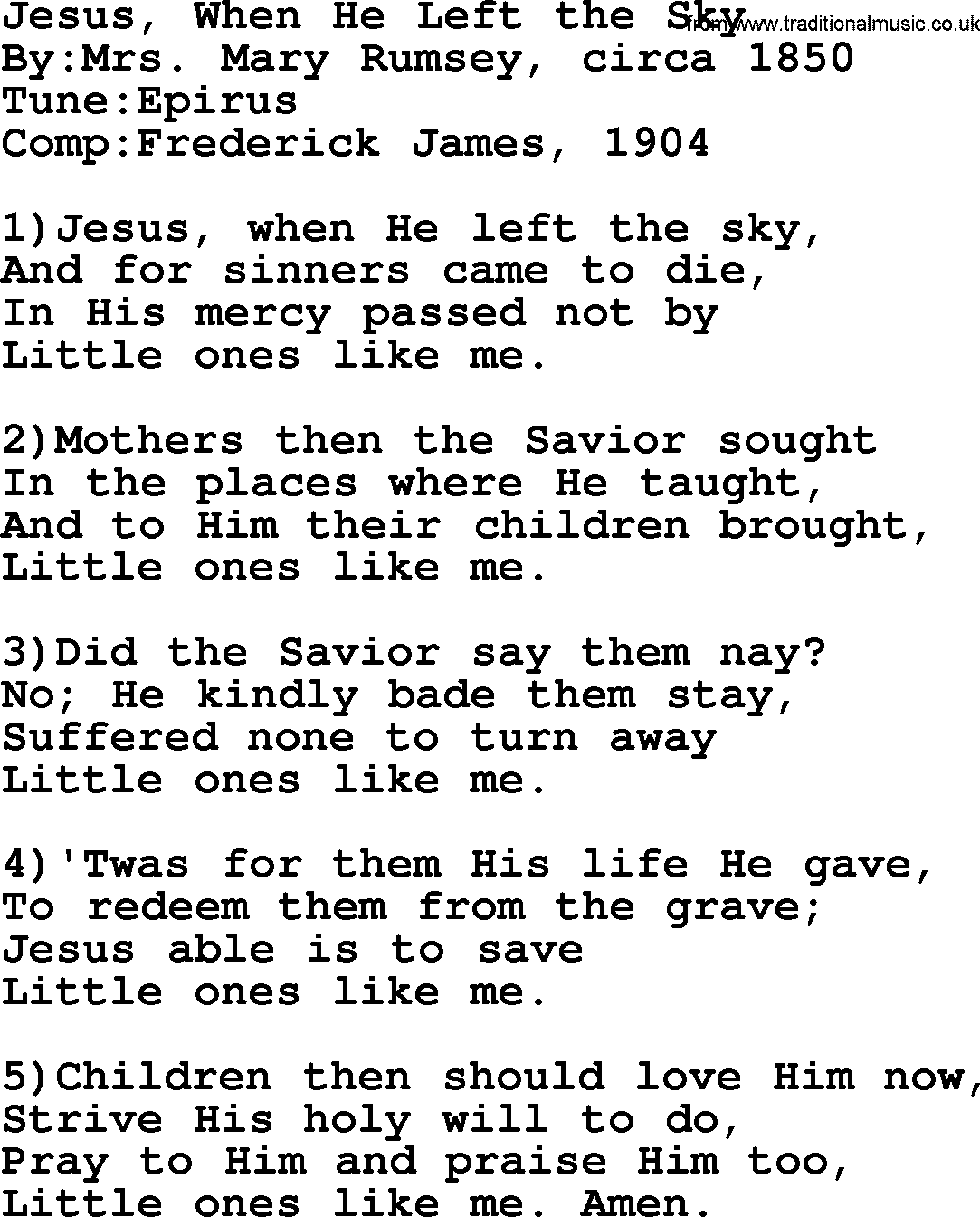 Methodist Hymn: Jesus, When He Left The Sky, lyrics
