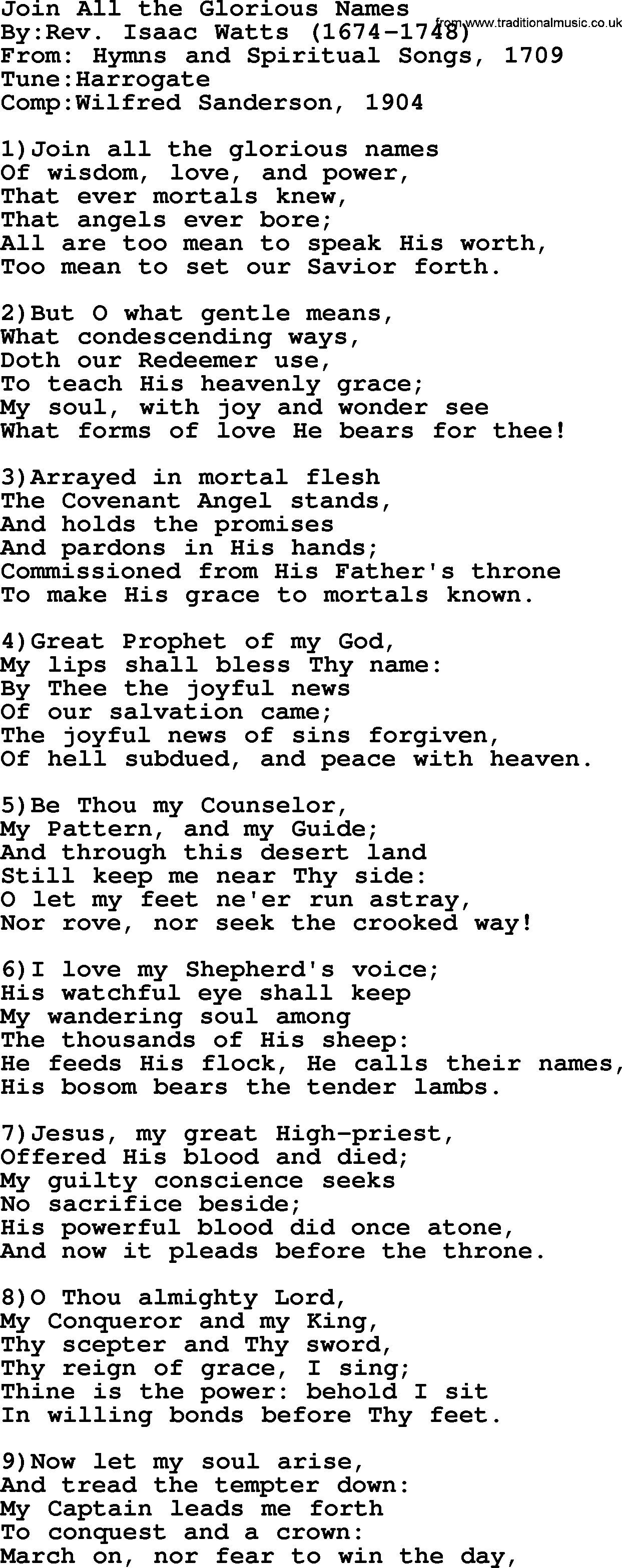 Methodist Hymn: Join All The Glorious Names, lyrics