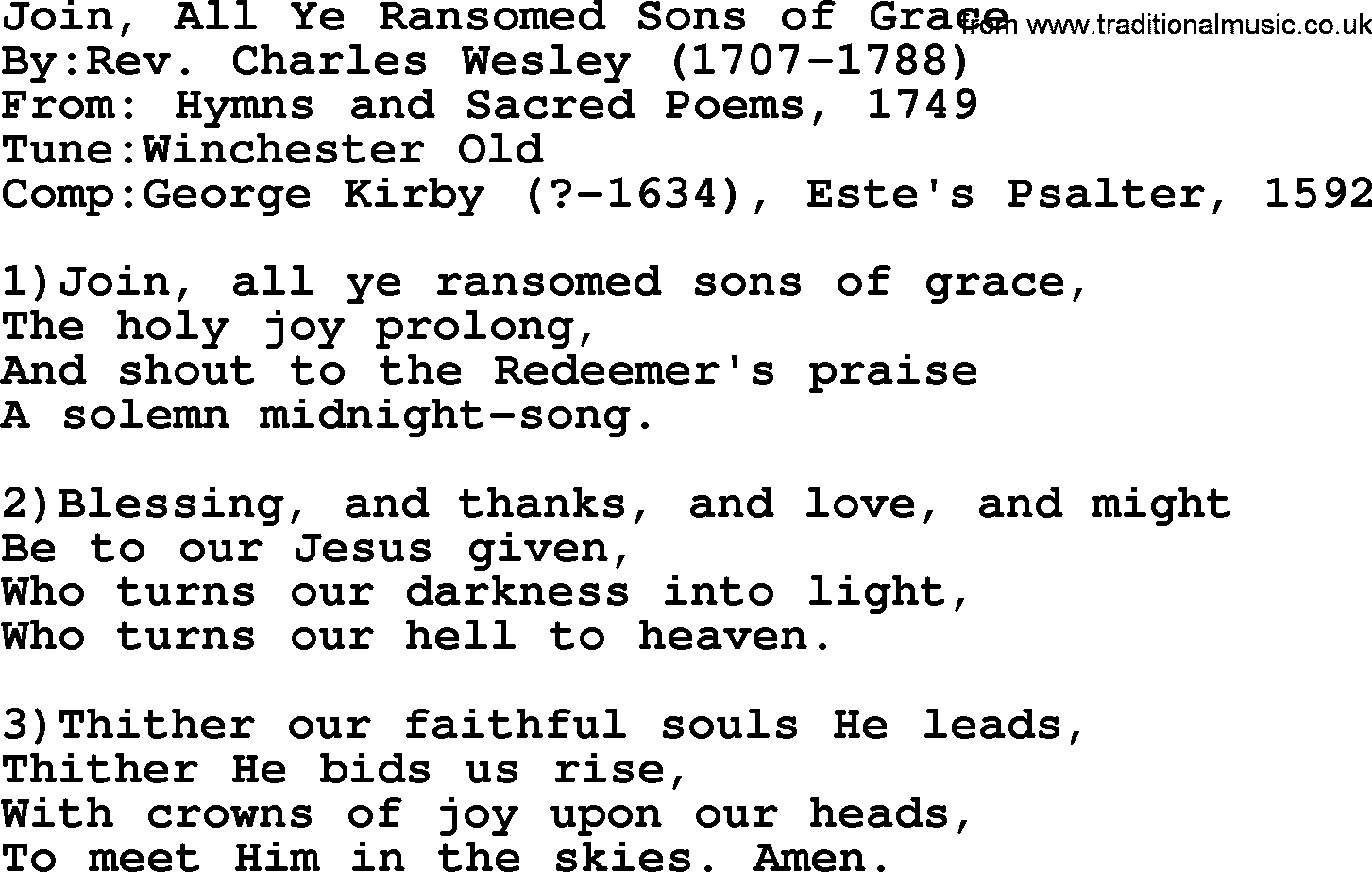 Methodist Hymn: Join, All Ye Ransomed Sons Of Grace, lyrics