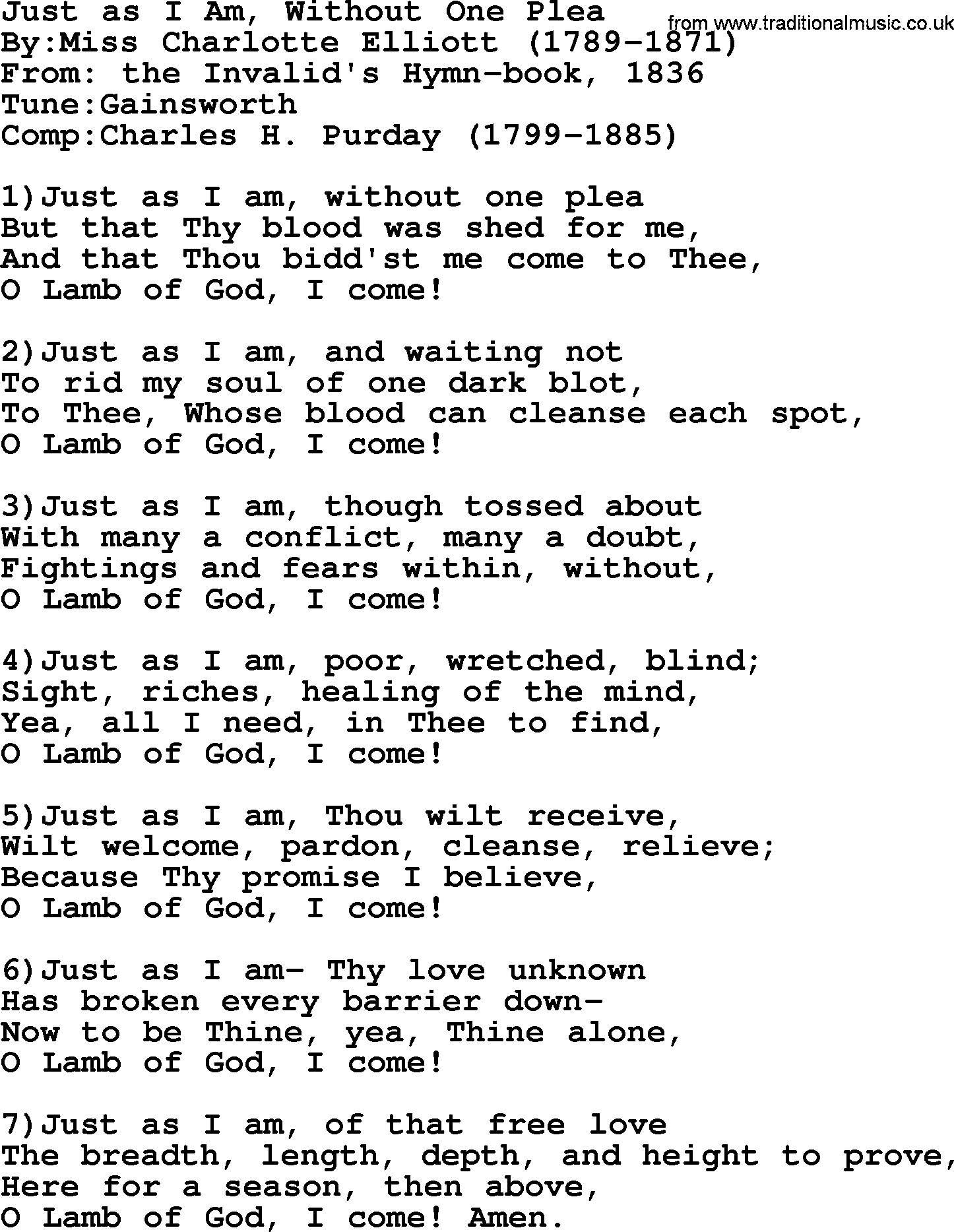 Methodist Hymn: Just As I Am, Without One Plea, lyrics
