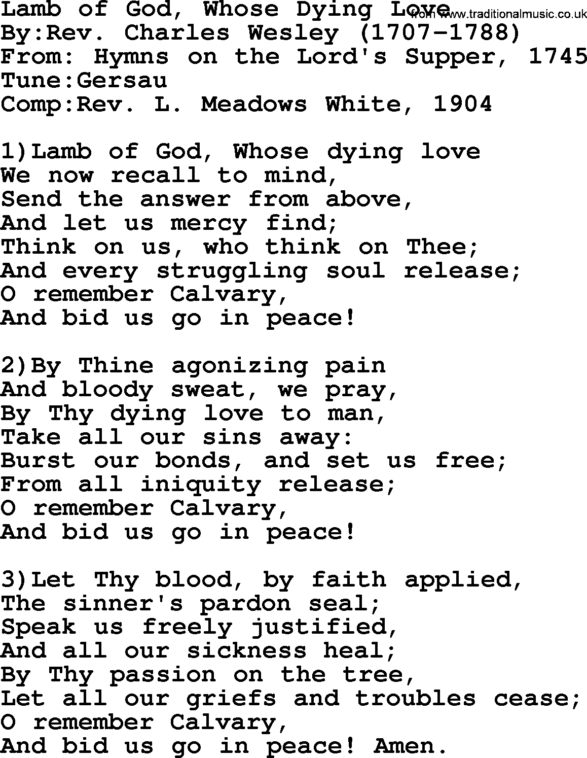 Methodist Hymn: Lamb Of God, Whose Dying Love, lyrics