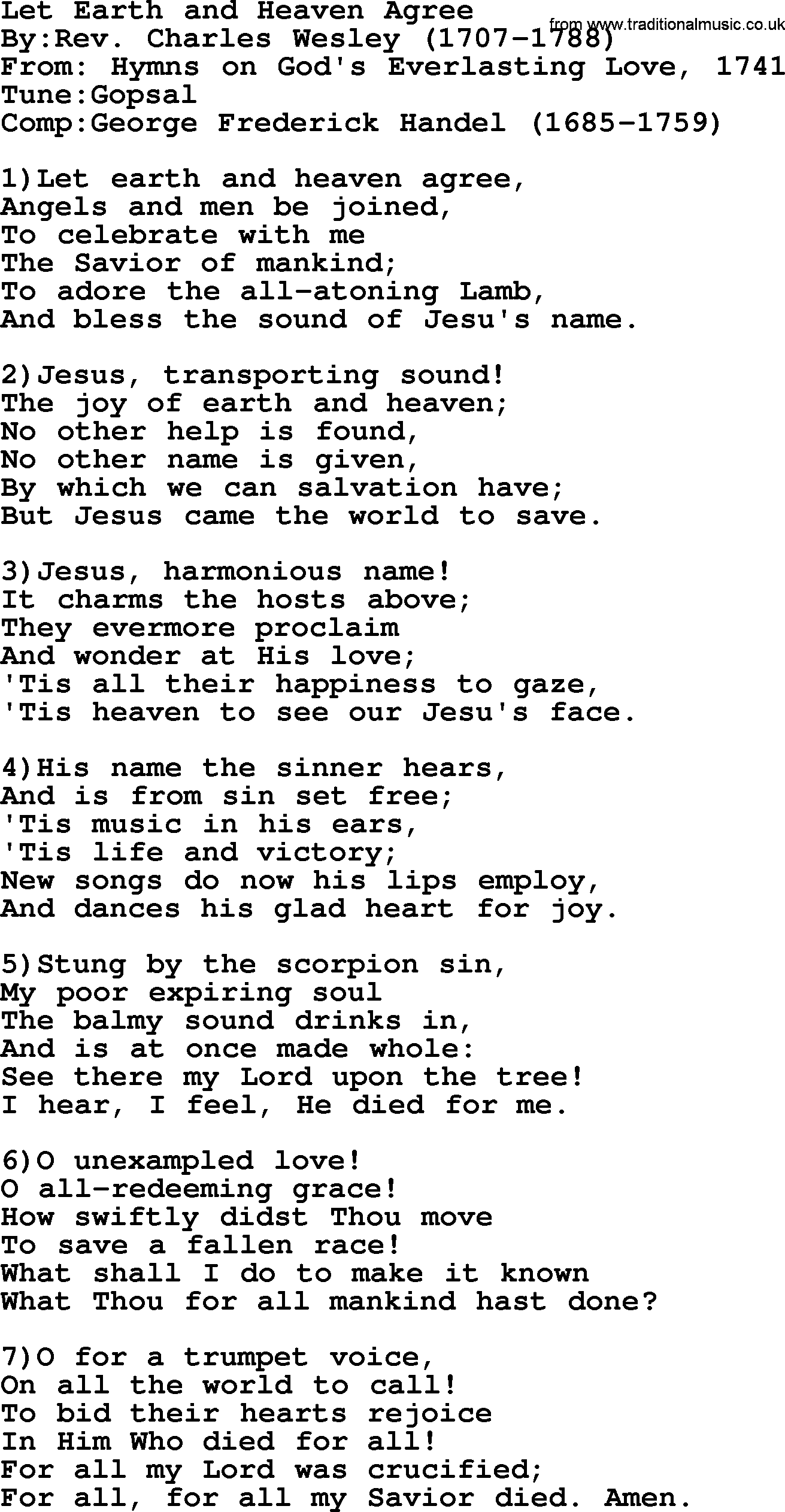 Methodist Hymn: Let Earth And Heaven Agree, lyrics