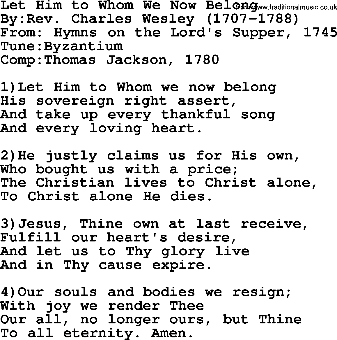 Methodist Hymn: Let Him To Whom We Now Belong, lyrics