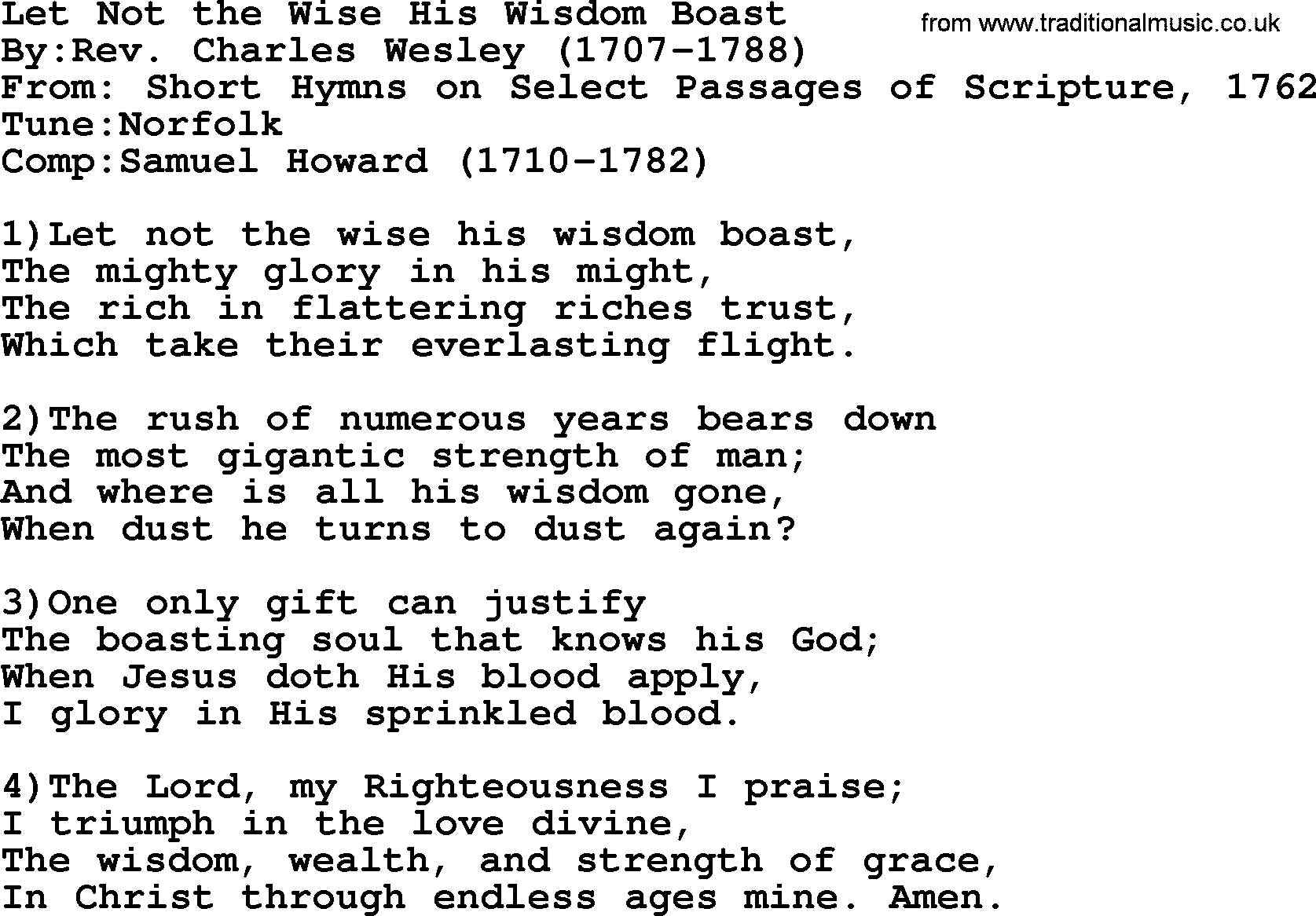 Methodist Hymn: Let Not The Wise His Wisdom Boast, lyrics