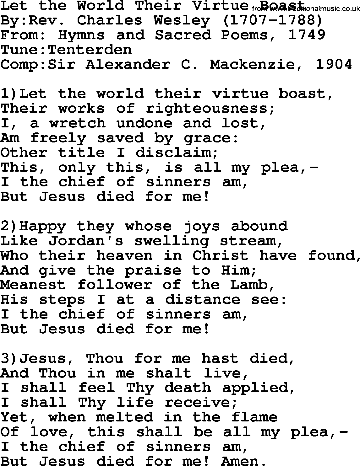Methodist Hymn: Let The World Their Virtue Boast, lyrics