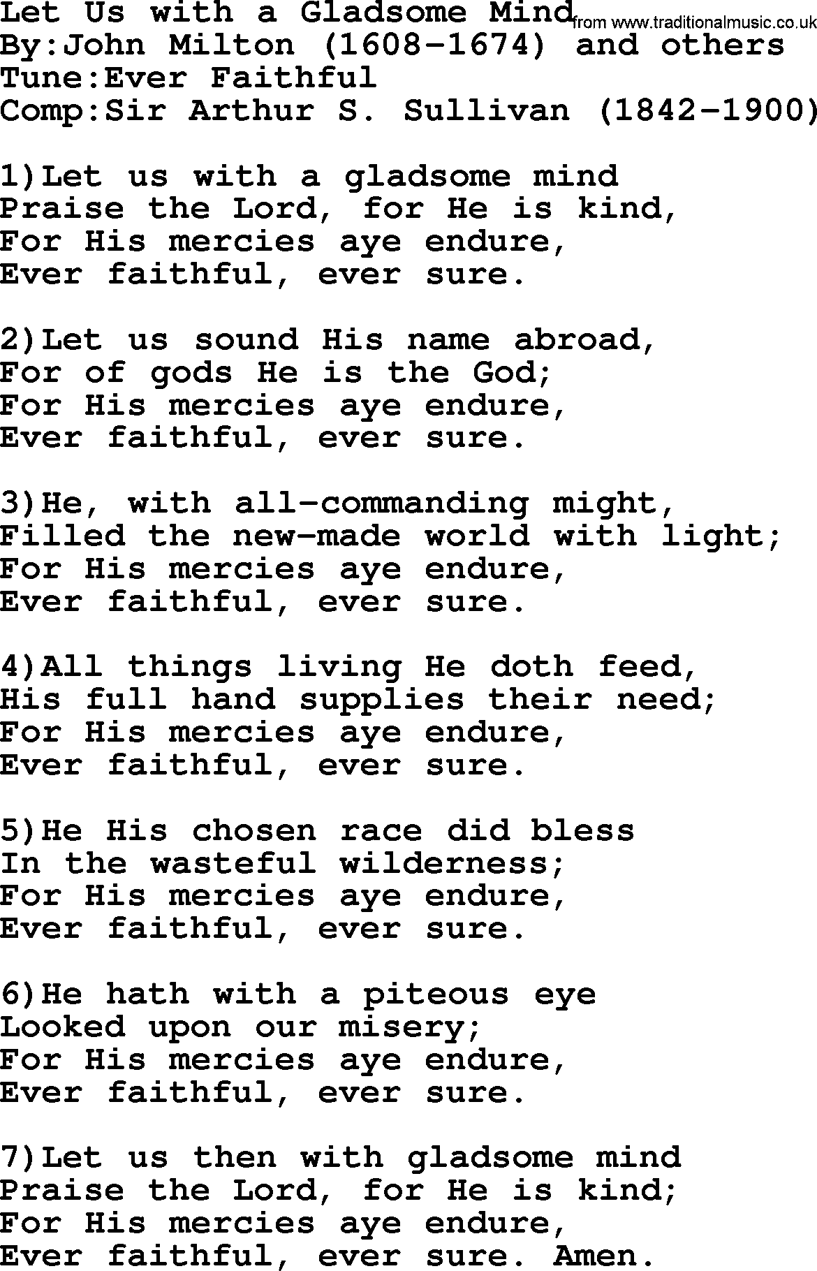 Methodist Hymn: Let Us With A Gladsome Mind, lyrics