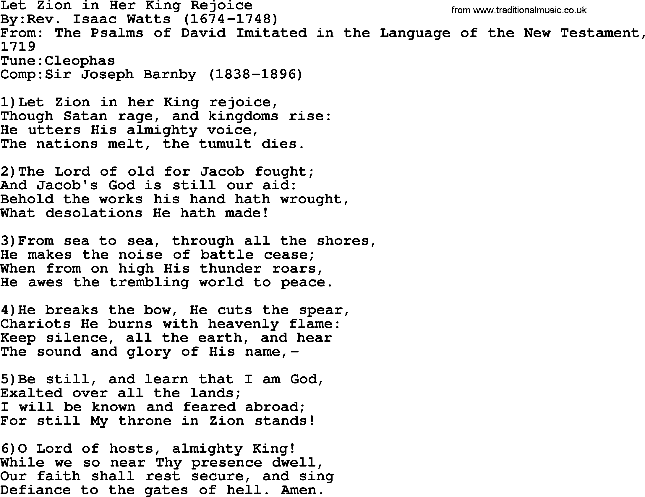 Methodist Hymn: Let Zion In Her King Rejoice, lyrics