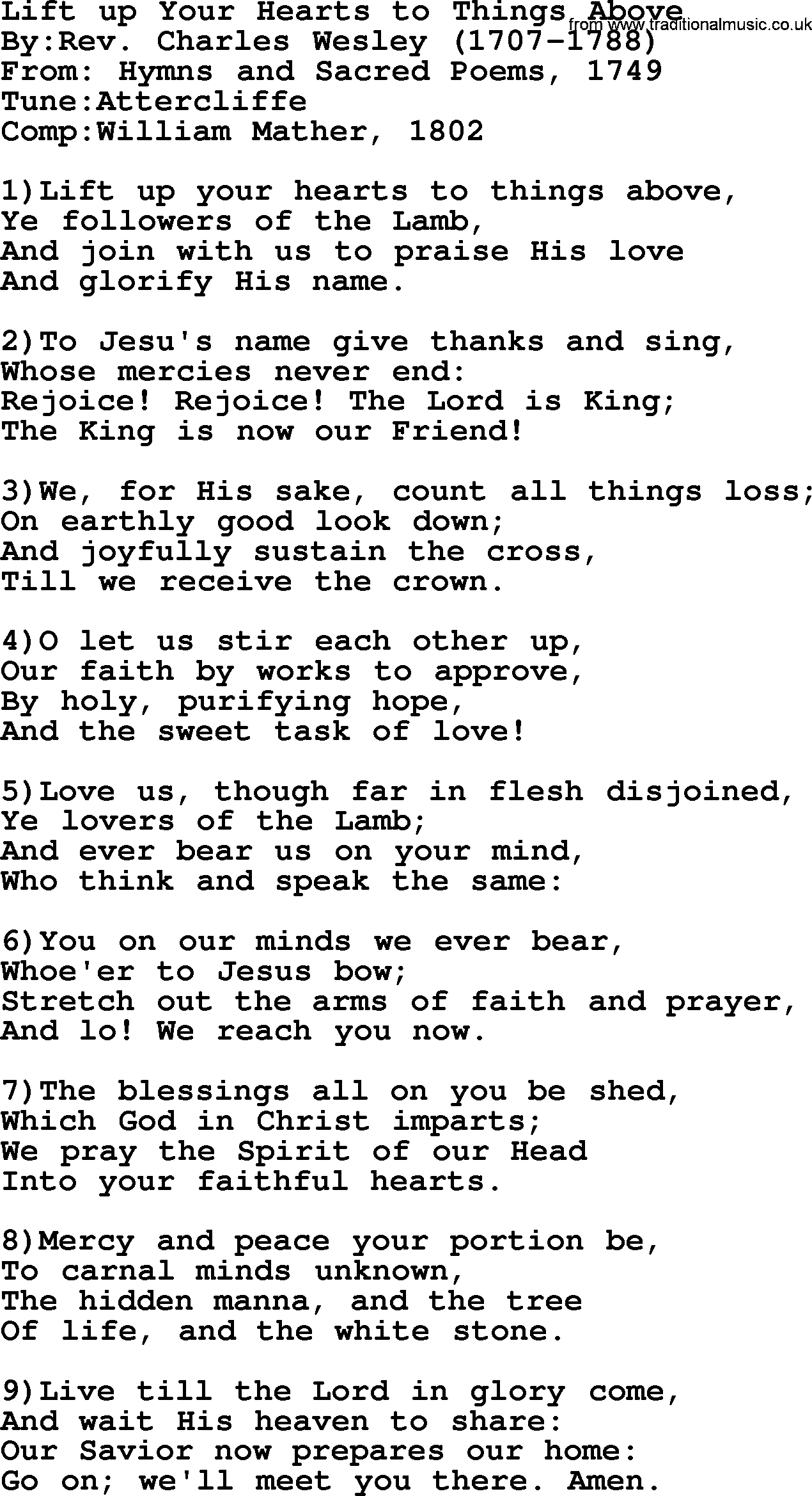 Methodist Hymn: Lift Up Your Hearts To Things Above, lyrics