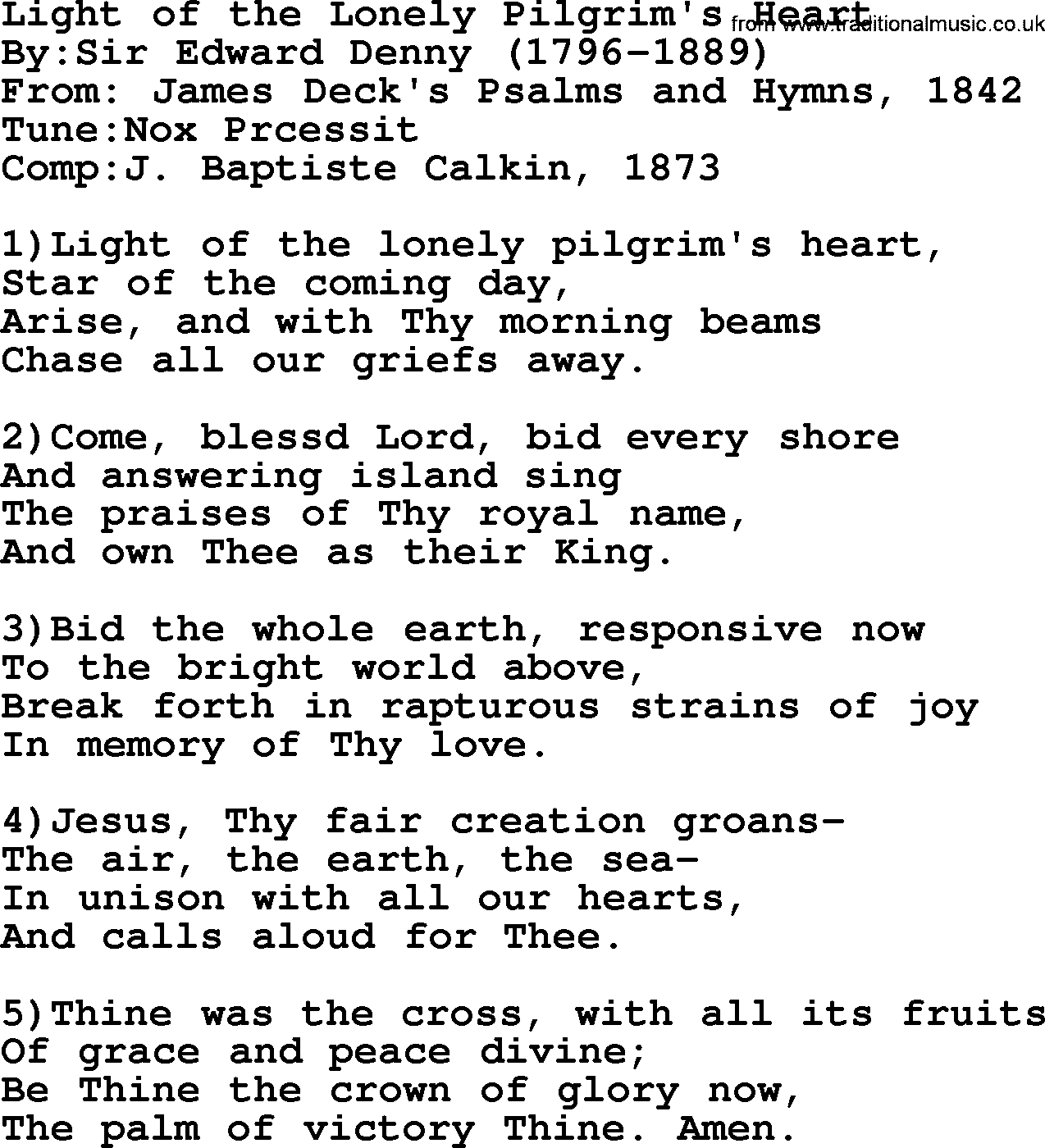 Methodist Hymn: Light Of The Lonely Pilgrim's Heart, lyrics