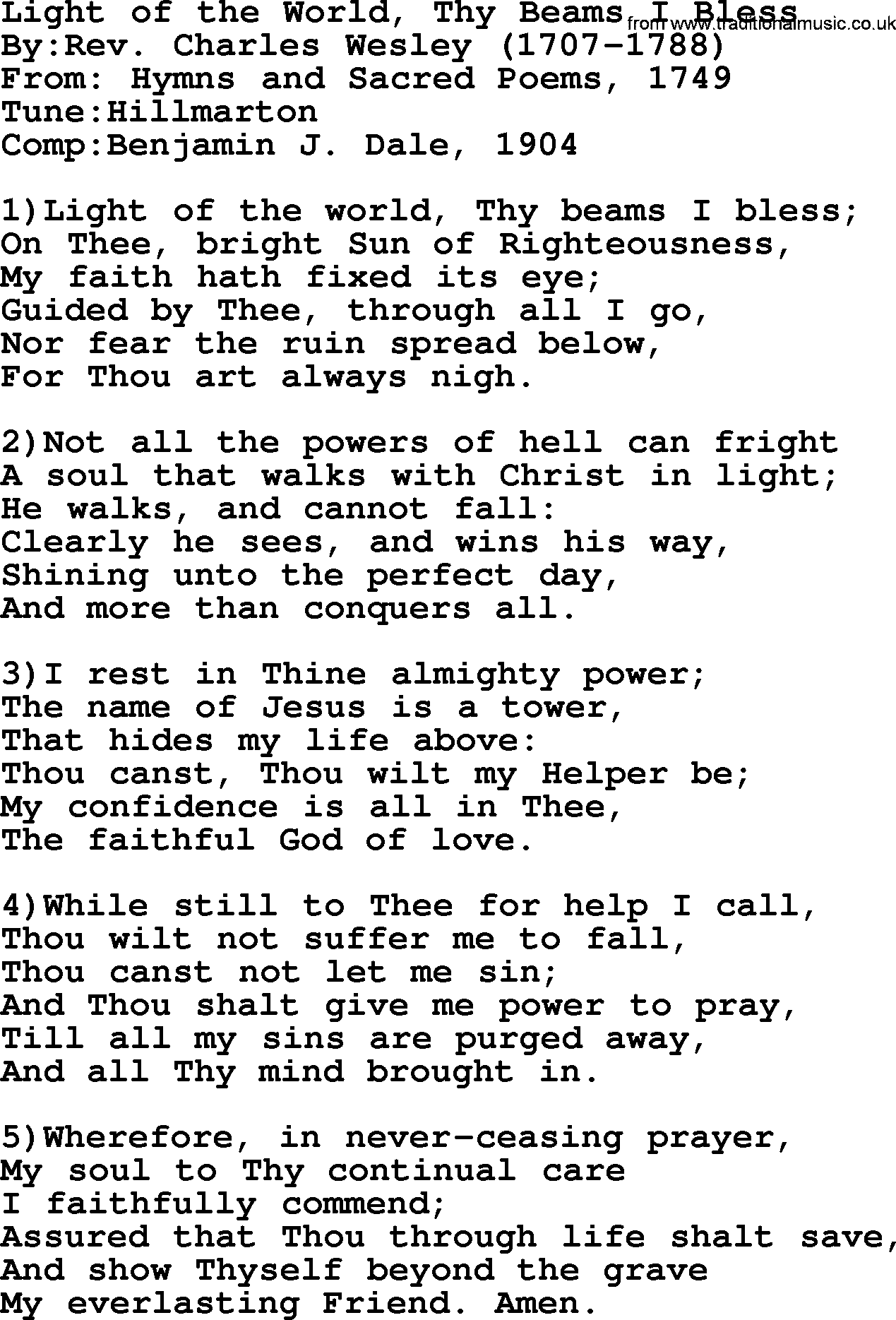 Methodist Hymn: Light Of The World, Thy Beams I Bless, lyrics