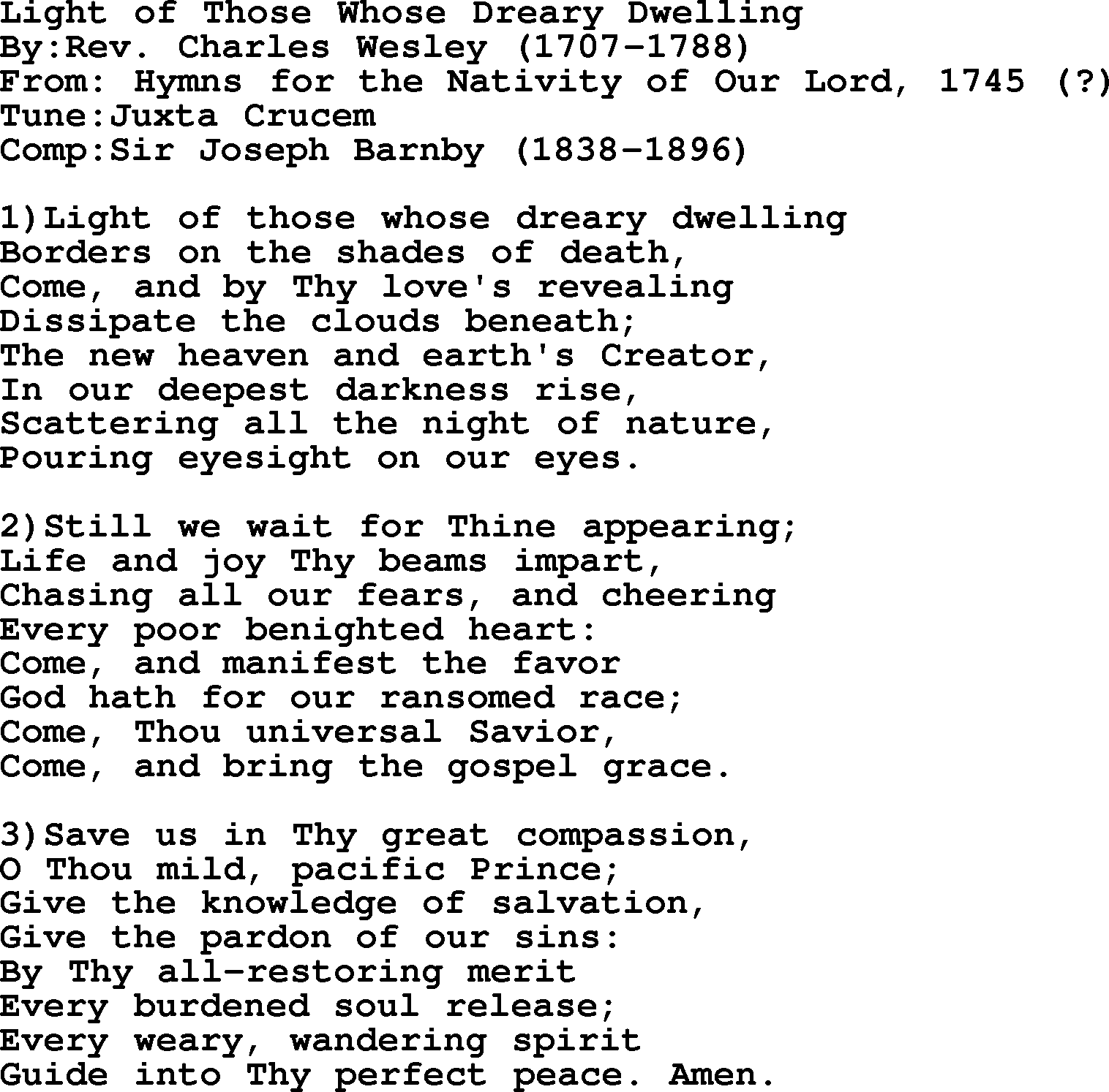 Methodist Hymn: Light Of Those Whose Dreary Dwelling, lyrics