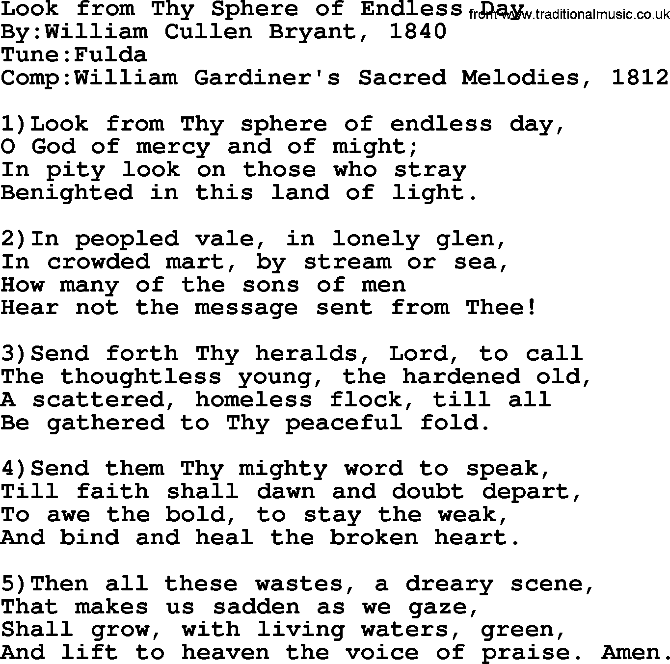 Methodist Hymn: Look From Thy Sphere Of Endless Day, lyrics