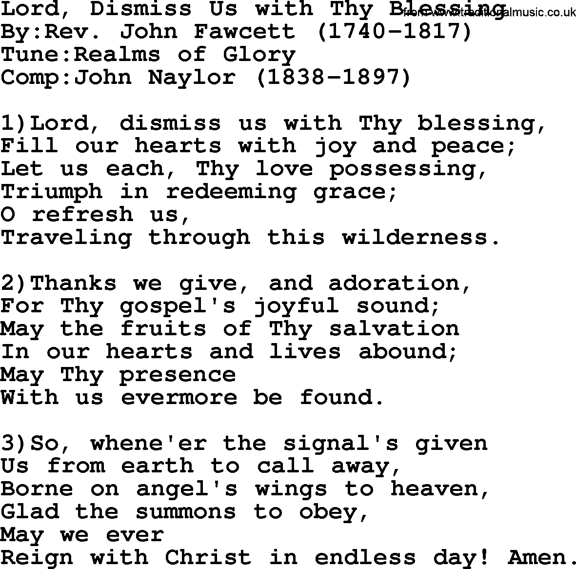 Methodist Hymn: Lord, Dismiss Us With Thy Blessing, lyrics