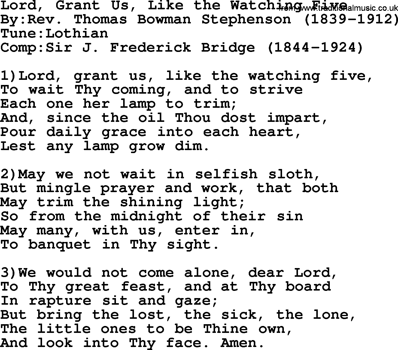 Methodist Hymn: Lord, Grant Us, Like The Watching Five, lyrics