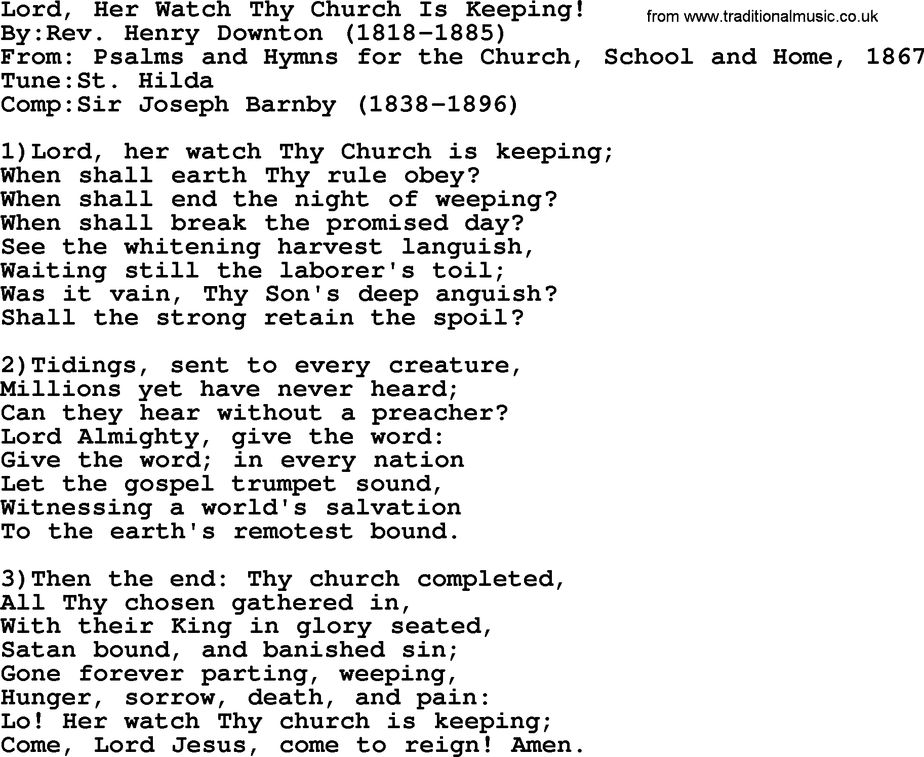 Methodist Hymn: Lord, Her Watch Thy Church Is Keeping!, lyrics