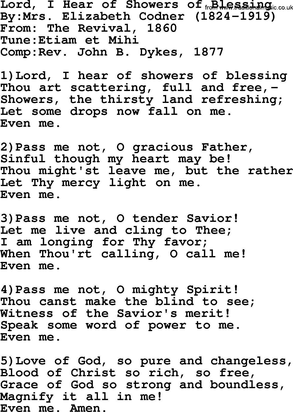 Methodist Hymn: Lord, I Hear Of Showers Of Blessing, lyrics