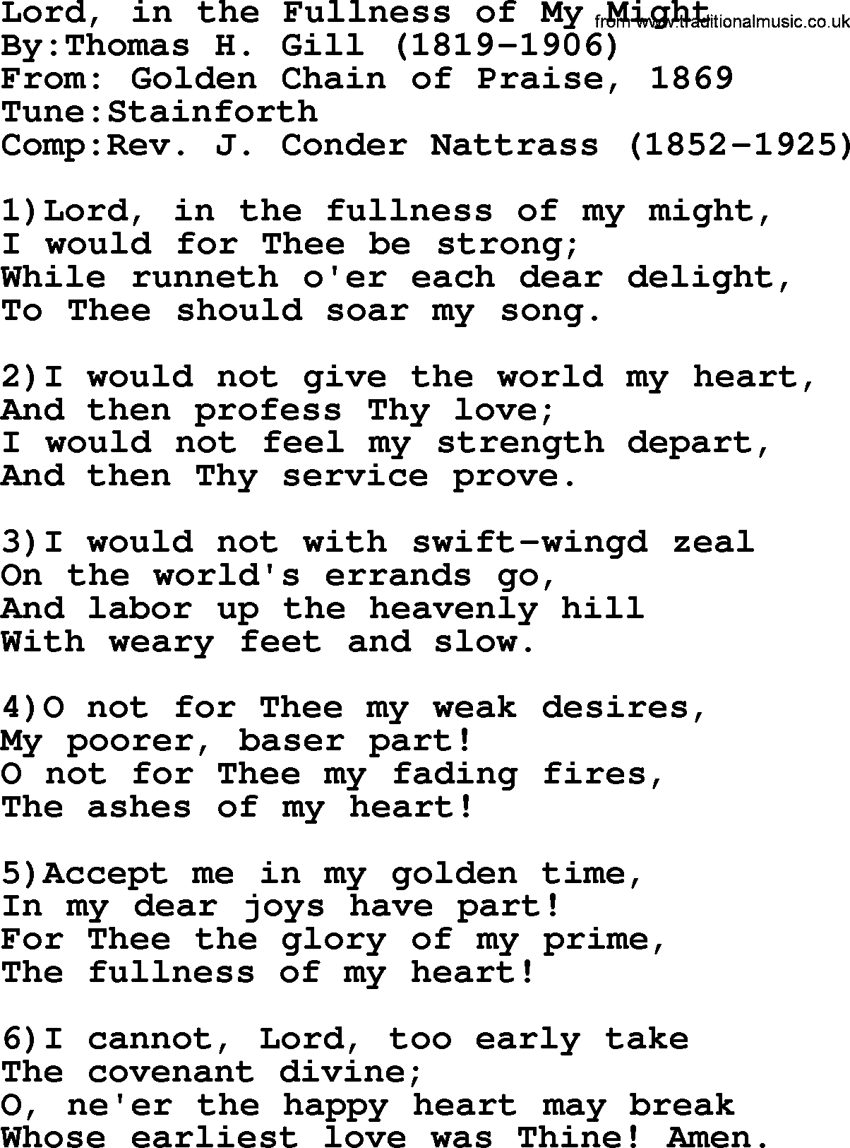 Methodist Hymn: Lord, In The Fullness Of My Might, lyrics