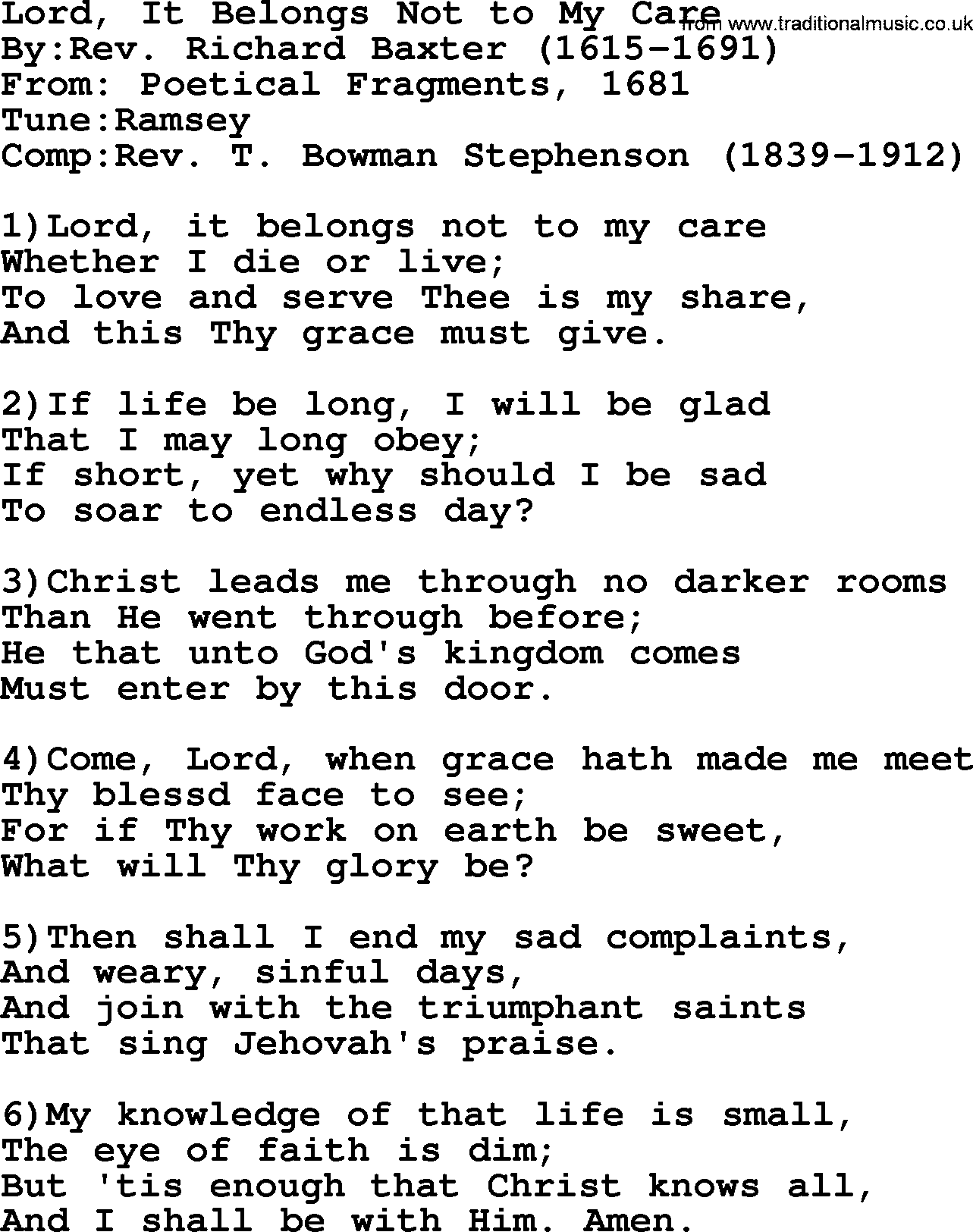 Methodist Hymn: Lord, It Belongs Not To My Care, lyrics