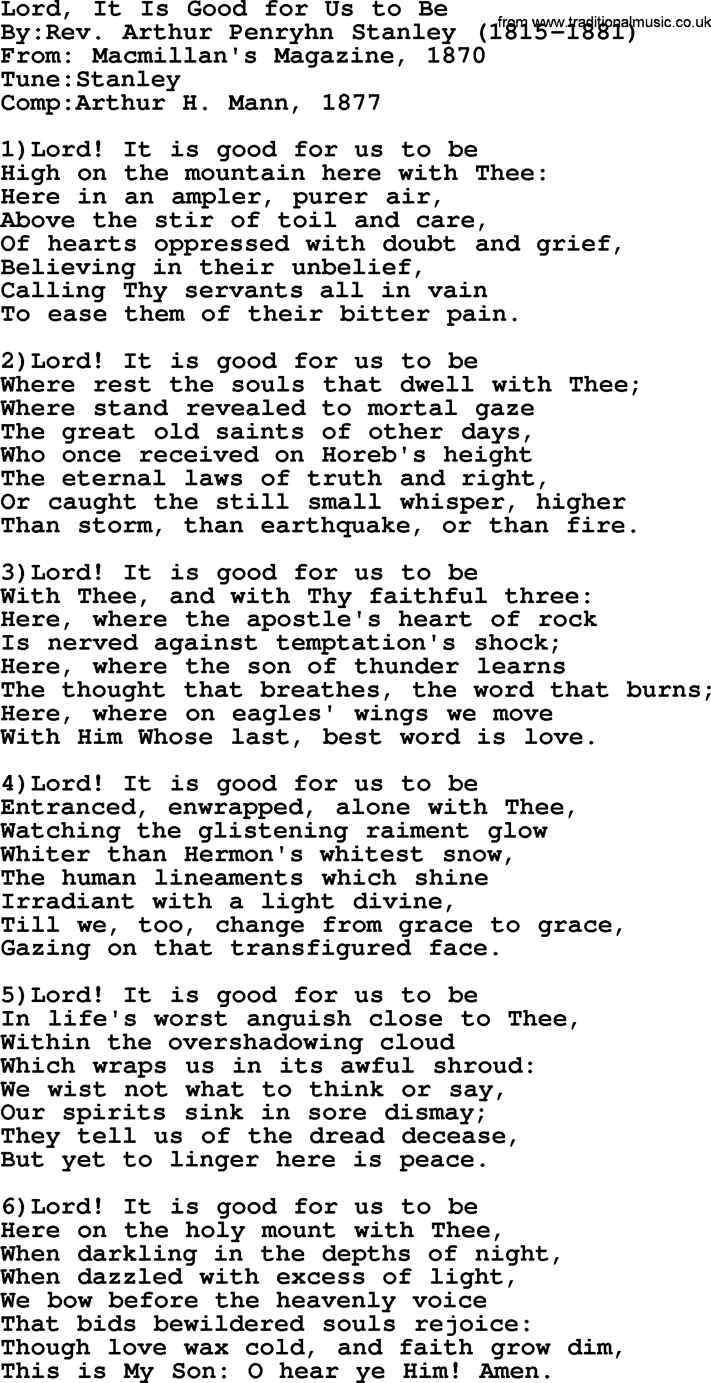 Methodist Hymn: Lord, It Is Good For Us To Be, lyrics
