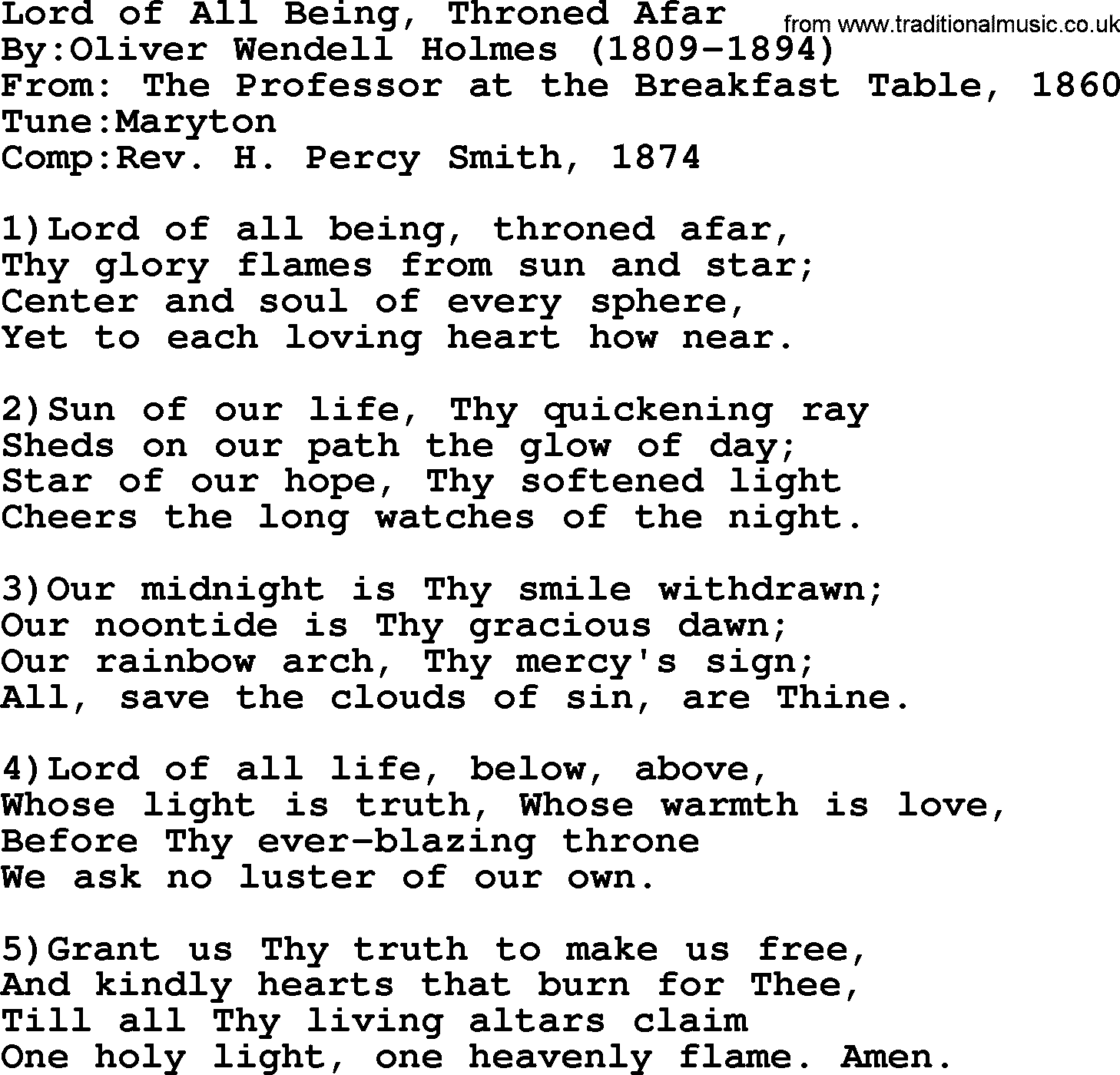 Methodist Hymn: Lord Of All Being, Throned Afar, lyrics