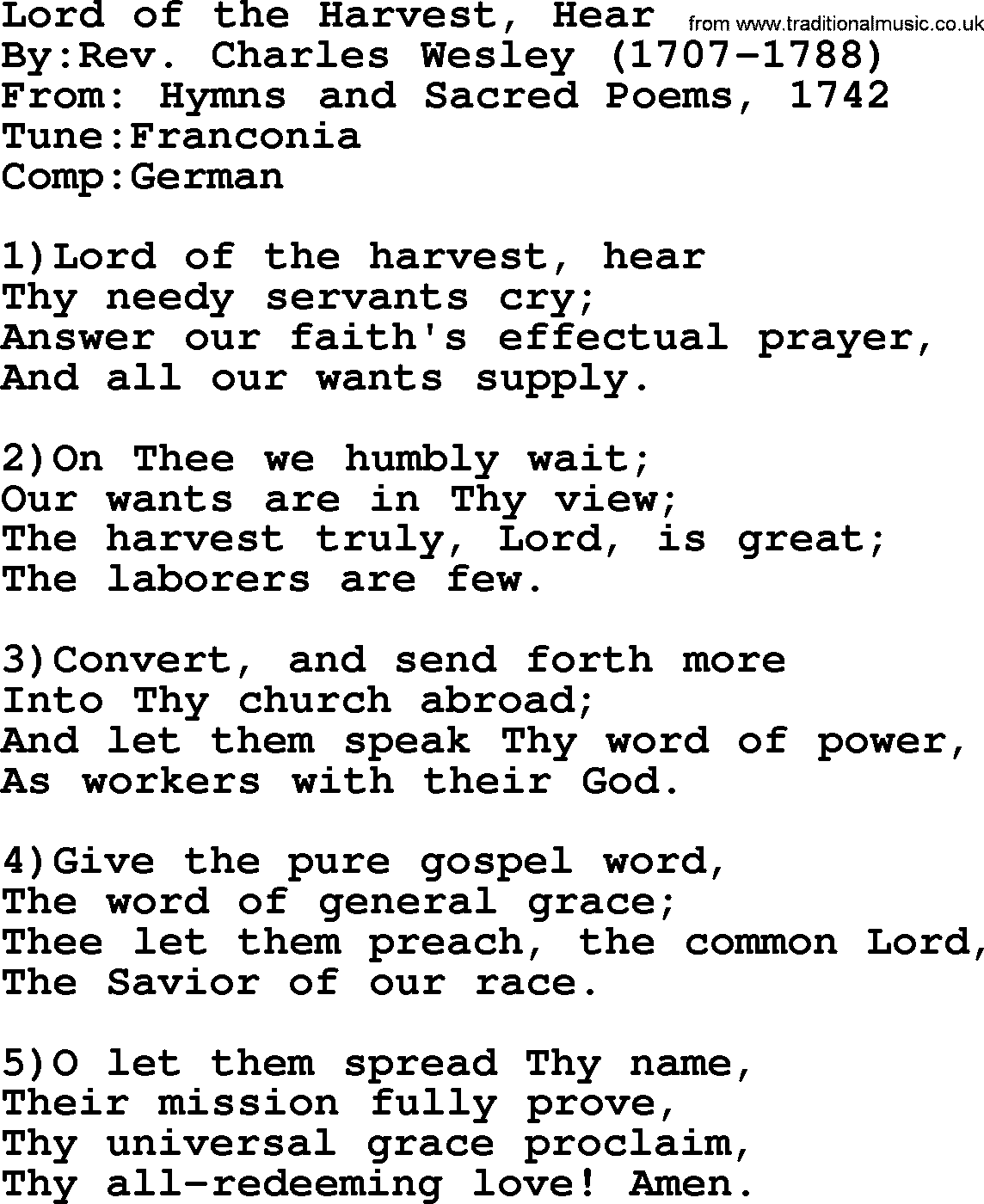 Methodist Hymn: Lord Of The Harvest, Hear, lyrics