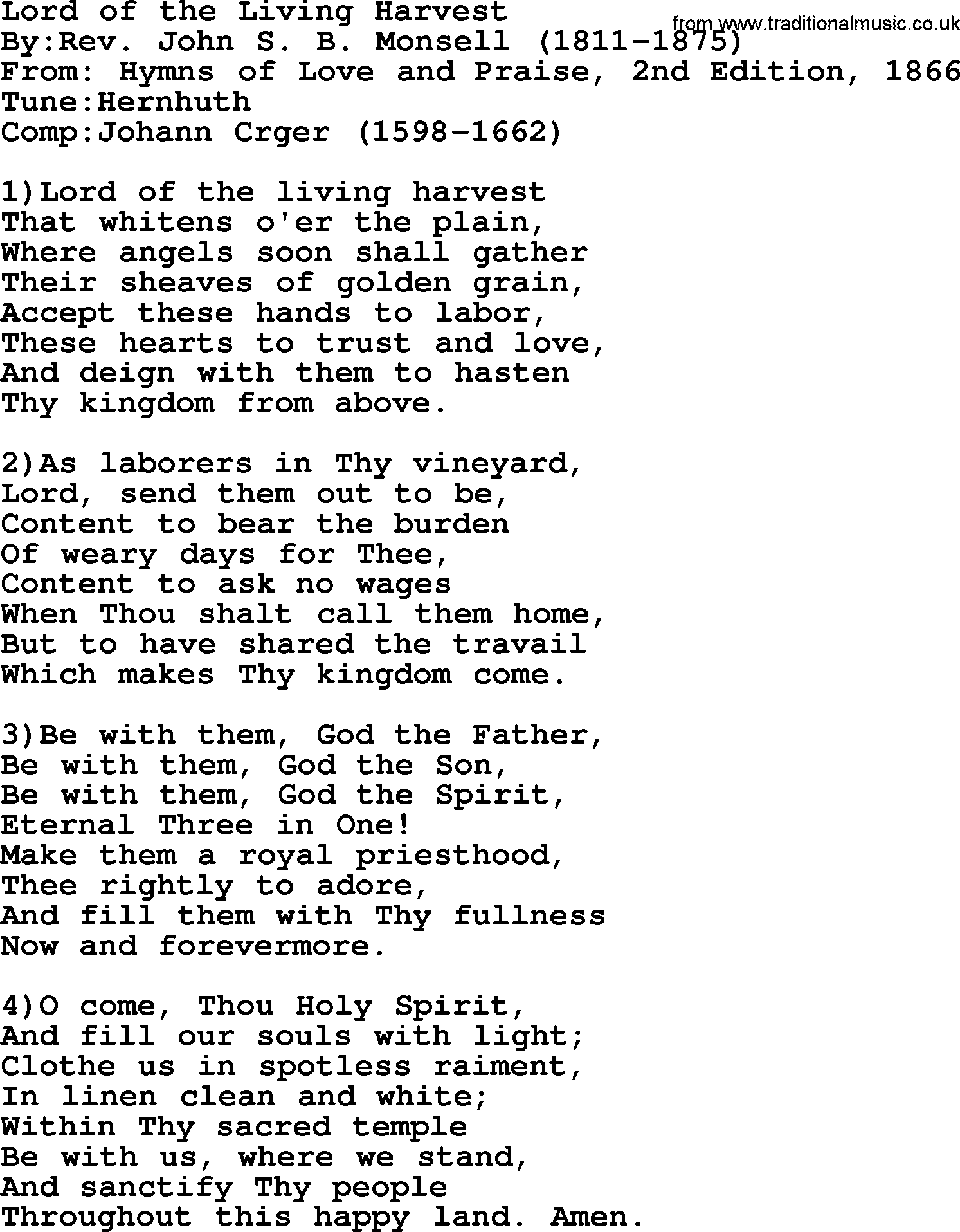 Methodist Hymn: Lord Of The Living Harvest, lyrics