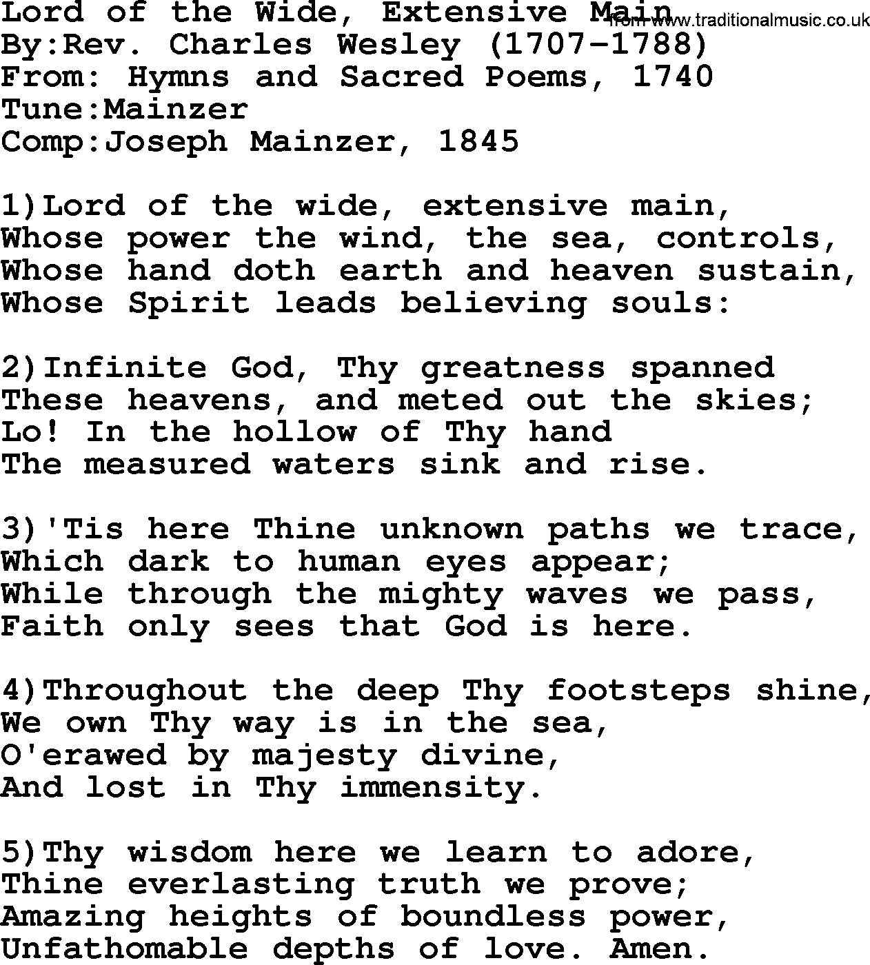 Methodist Hymn: Lord Of The Wide, Extensive Main, lyrics
