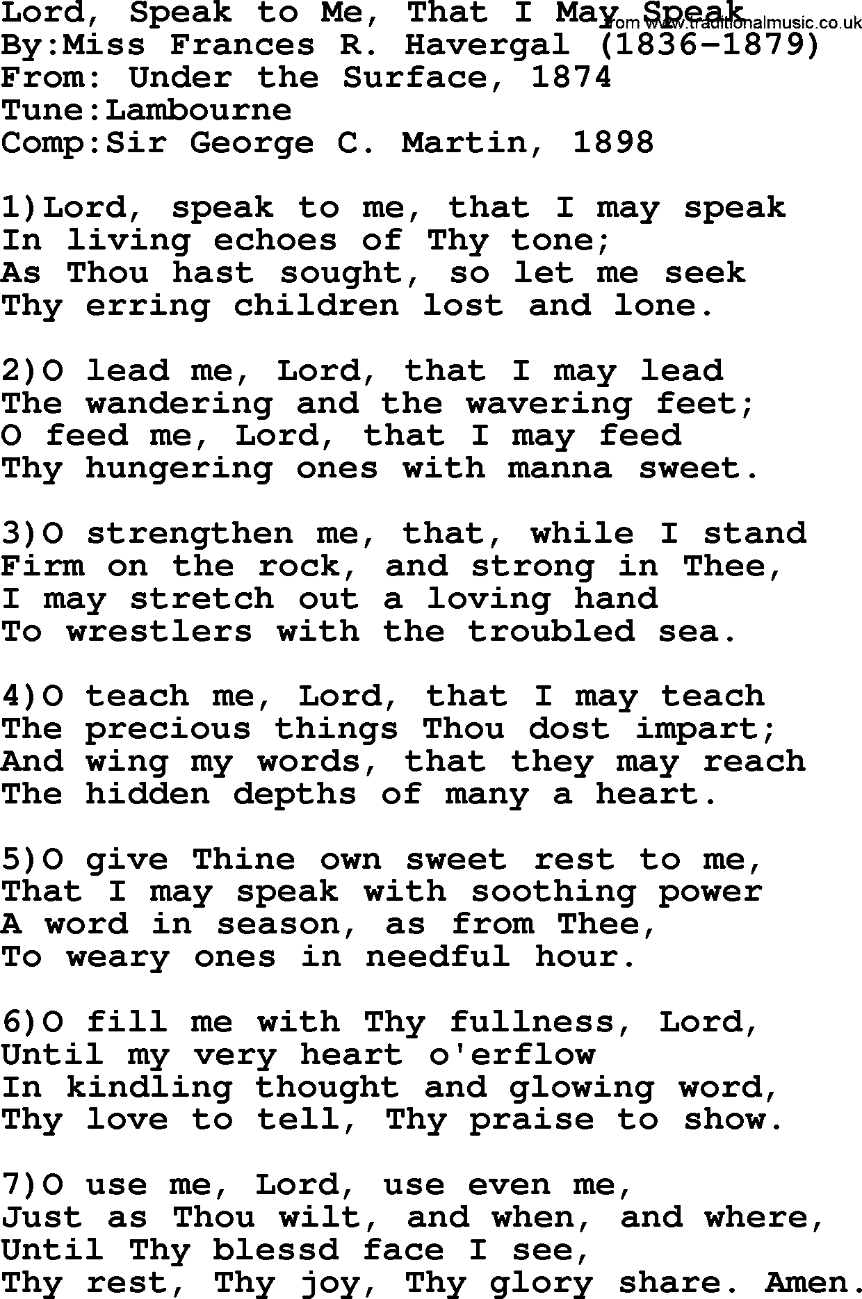 Methodist Hymn: Lord, Speak To Me, That I May Speak, lyrics