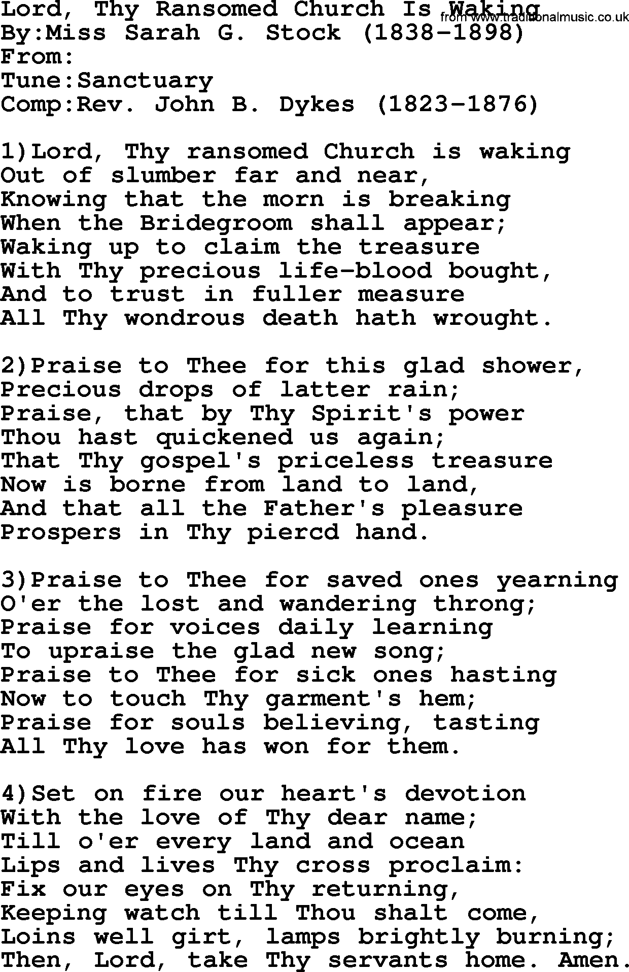 Methodist Hymn: Lord, Thy Ransomed Church Is Waking, lyrics