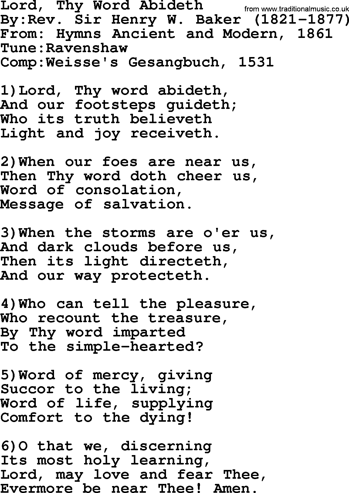 Methodist Hymn: Lord, Thy Word Abideth, lyrics