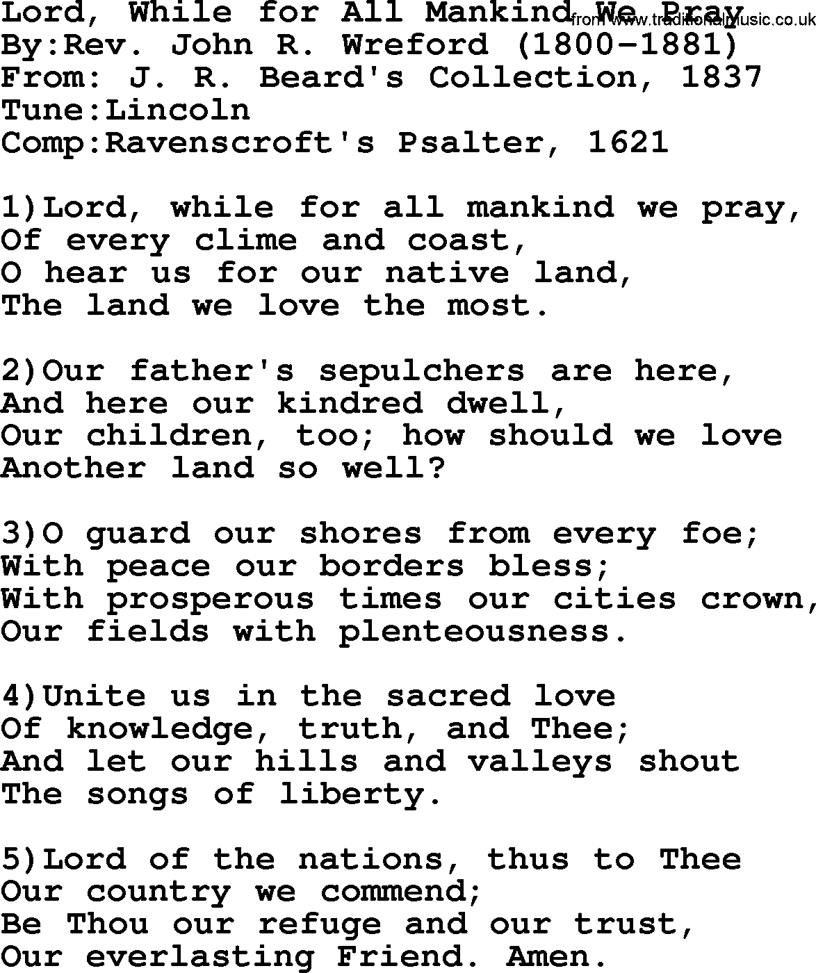 Methodist Hymn: Lord, While For All Mankind We Pray, lyrics