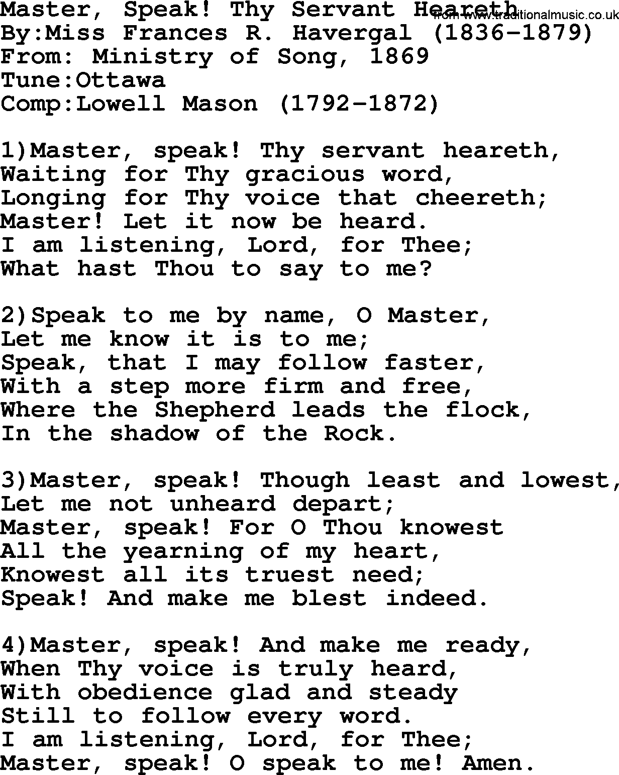 Methodist Hymn: Master, Speak! Thy Servant Heareth, lyrics