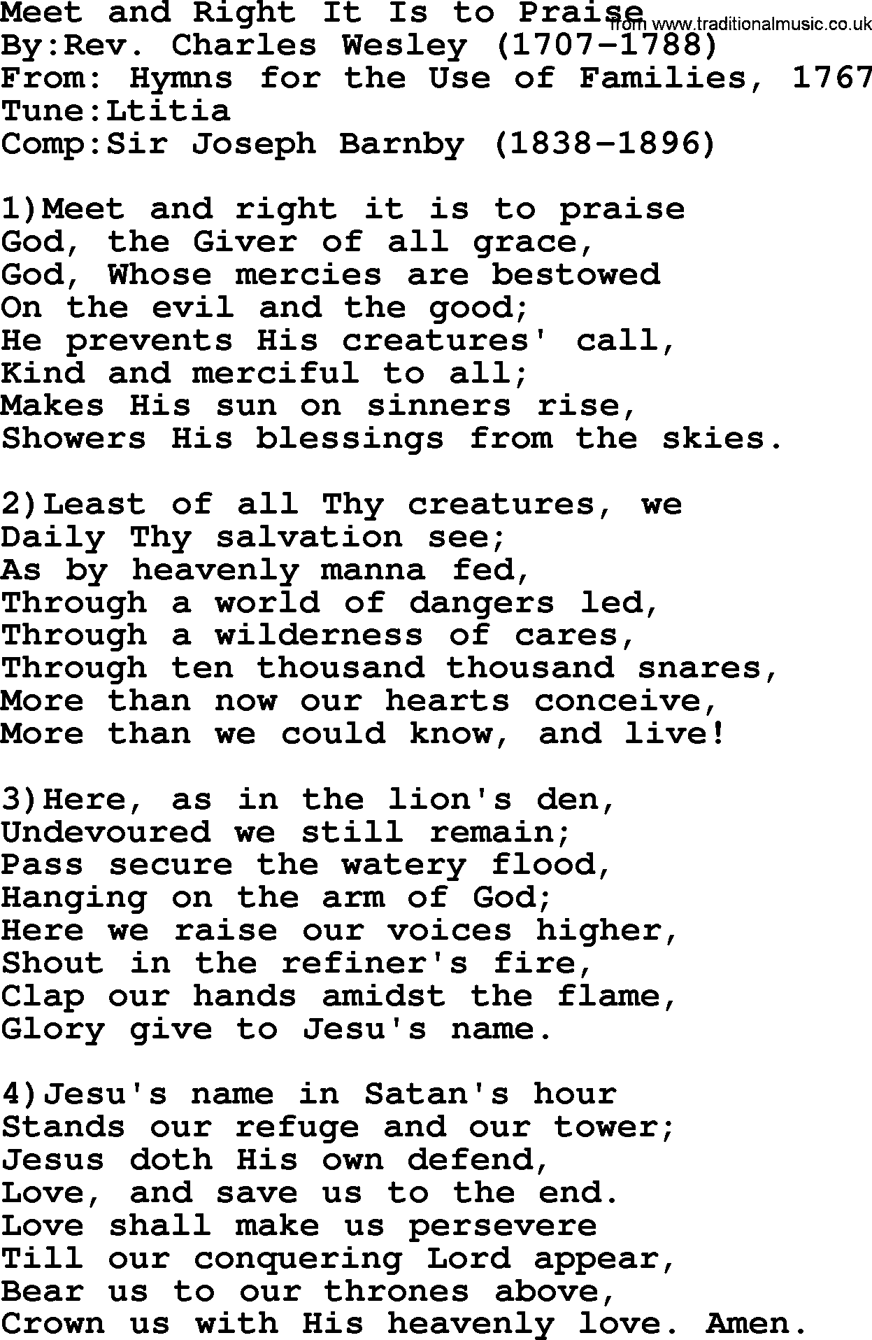 Methodist Hymn: Meet And Right It Is To Praise, lyrics