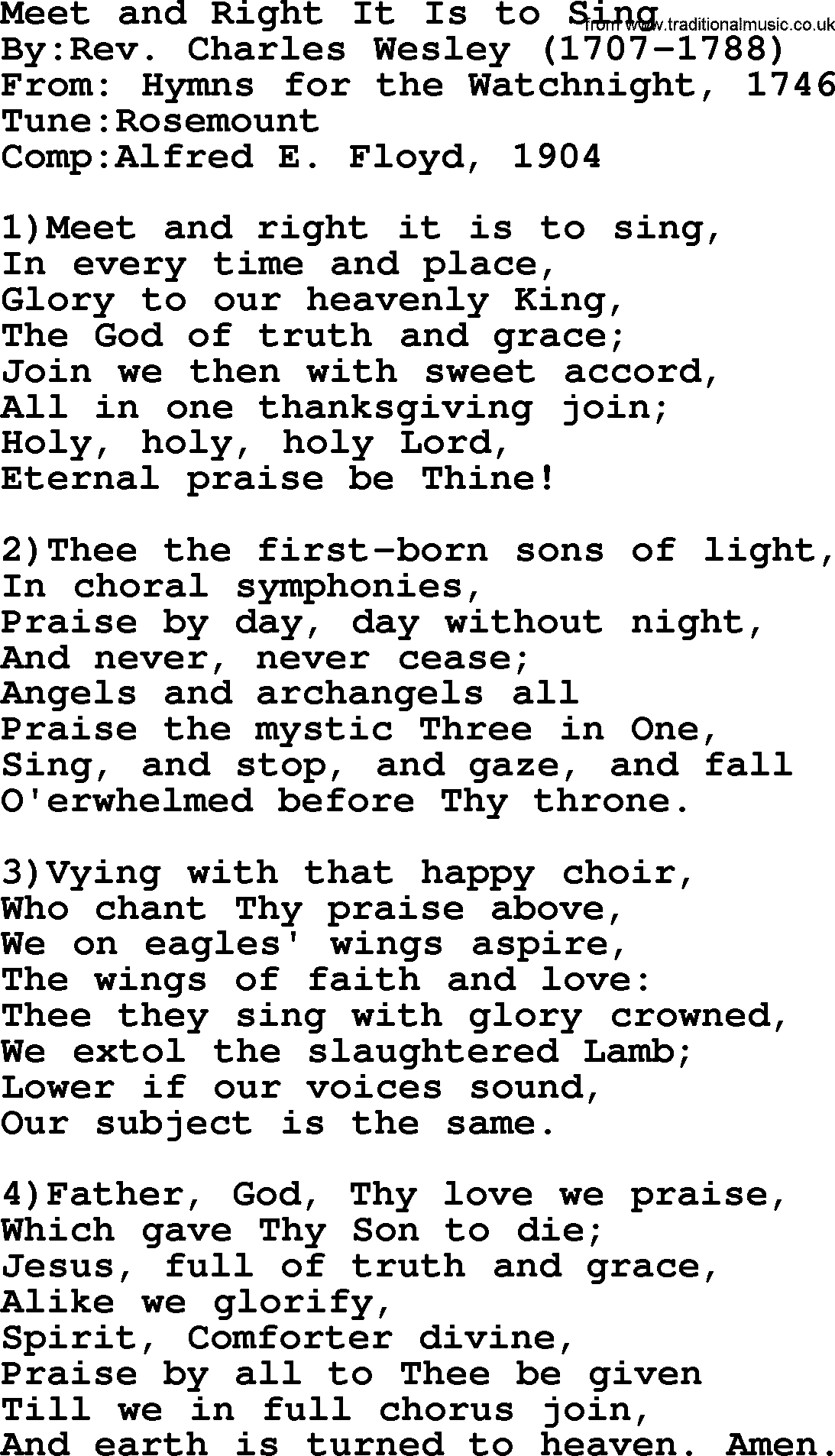 Methodist Hymn: Meet And Right It Is To Sing, lyrics