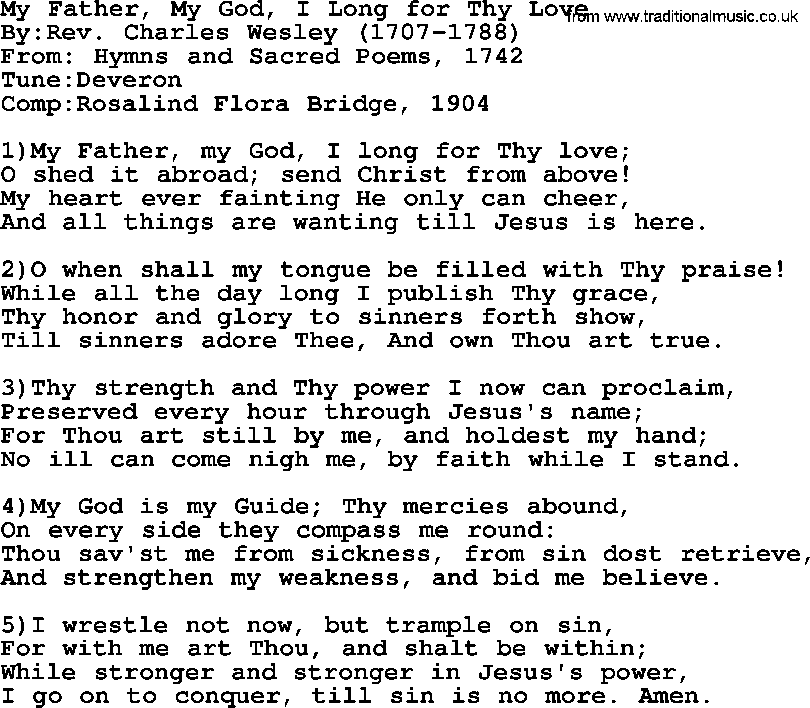 Methodist Hymn: My Father, My God, I Long For Thy Love, lyrics