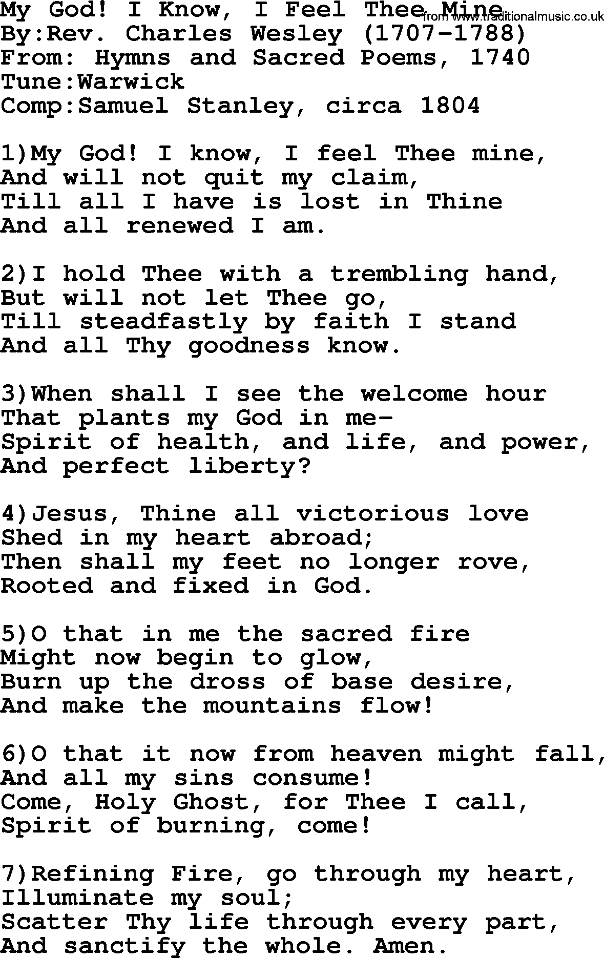 Methodist Hymn: My God! I Know, I Feel Thee Mine, lyrics