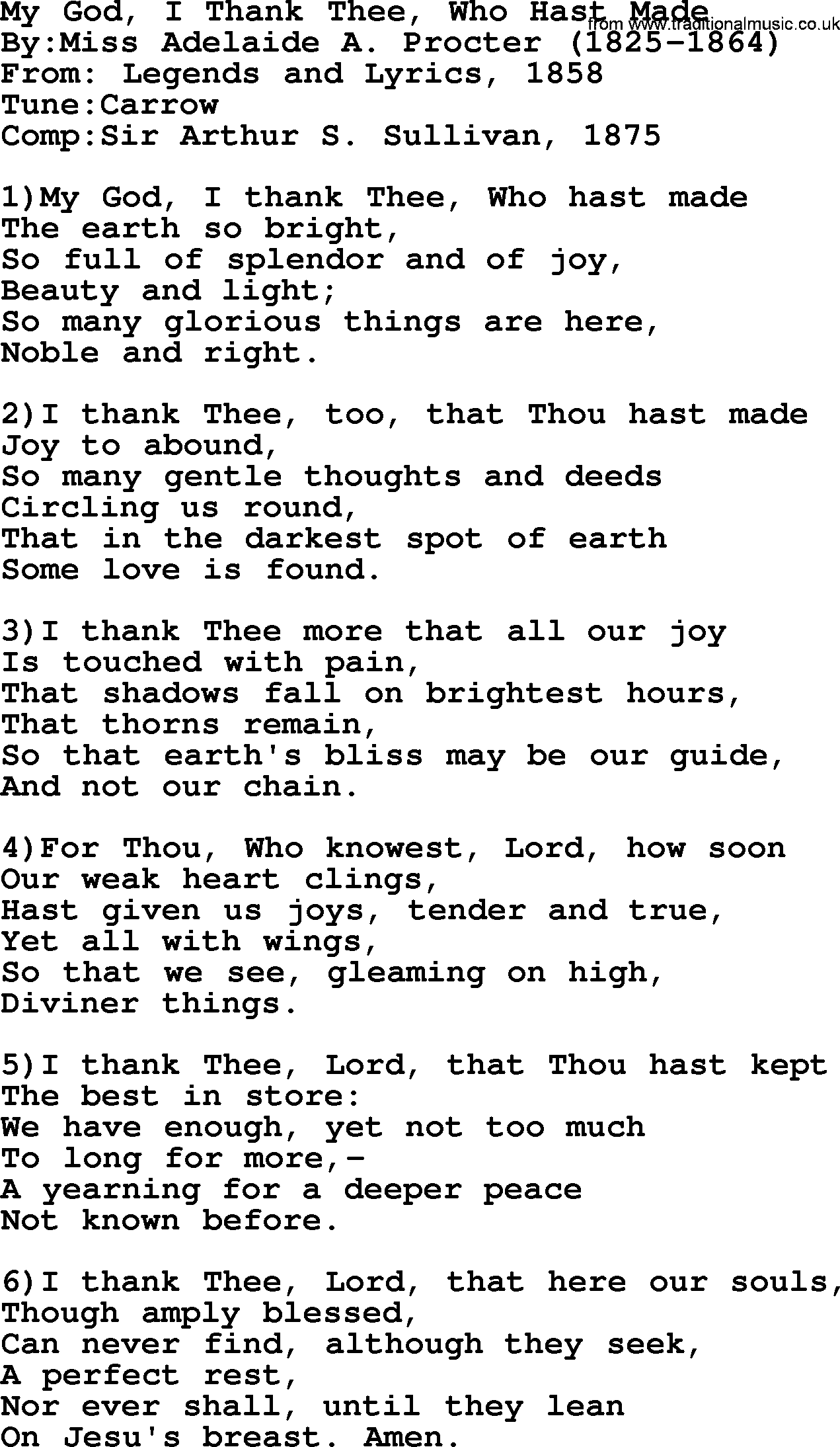 Methodist Hymn: My God, I Thank Thee, Who Hast Made, lyrics