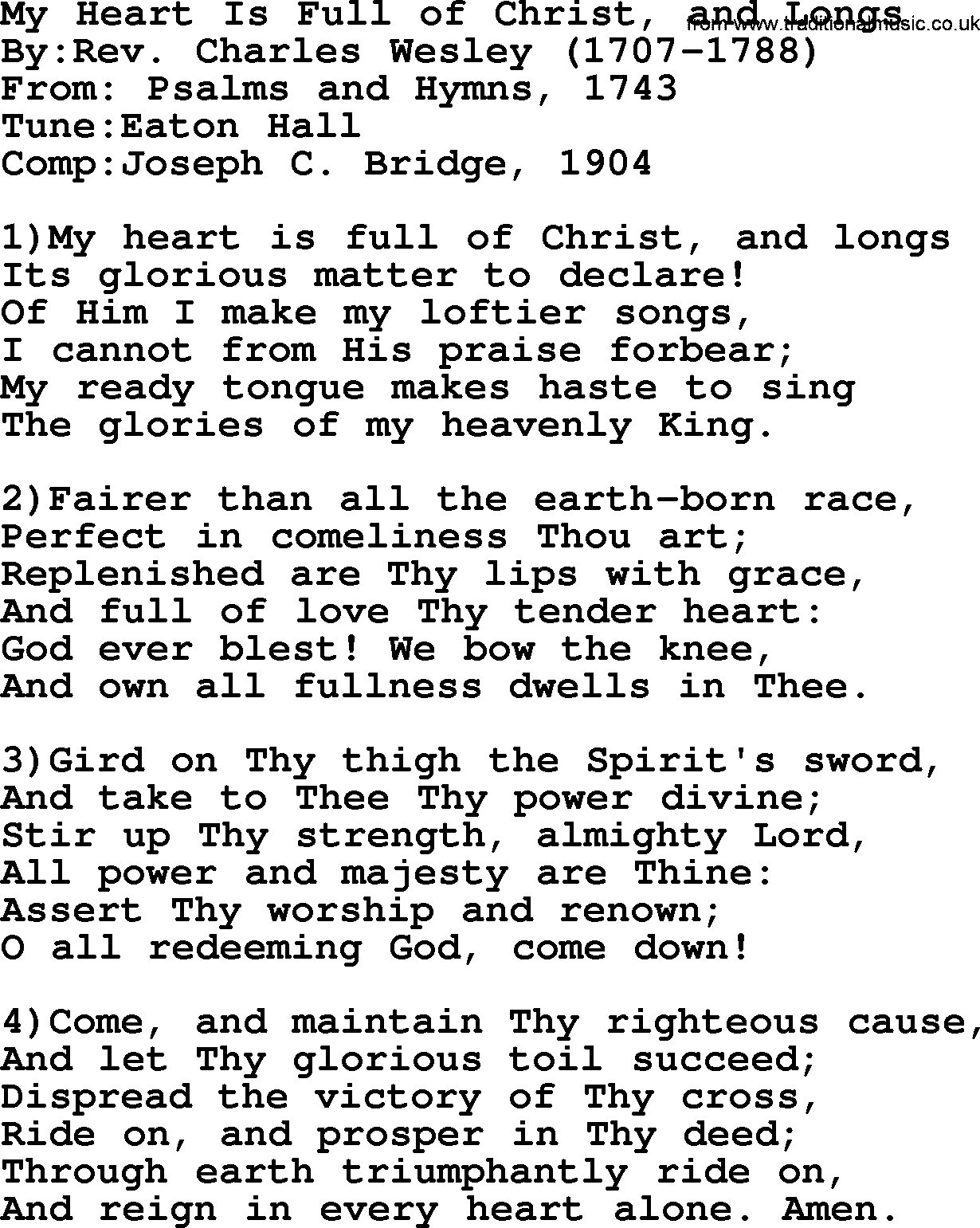 Methodist Hymn: My Heart Is Full Of Christ, And Longs, lyrics